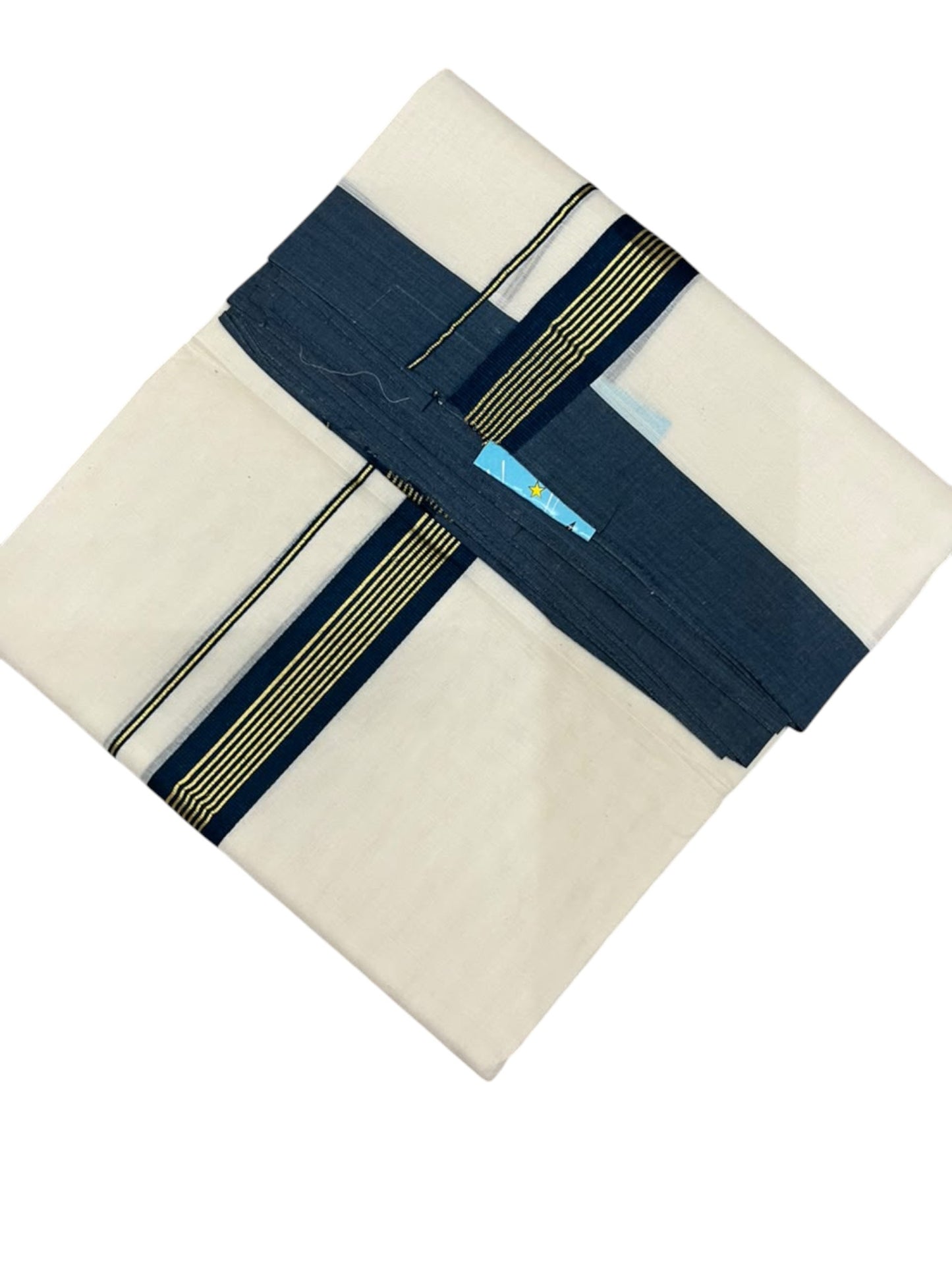 Southloom Pure Cotton Mundu with Golden Lines and Peacock Blue Border (South Indian Kerala Dhoti)