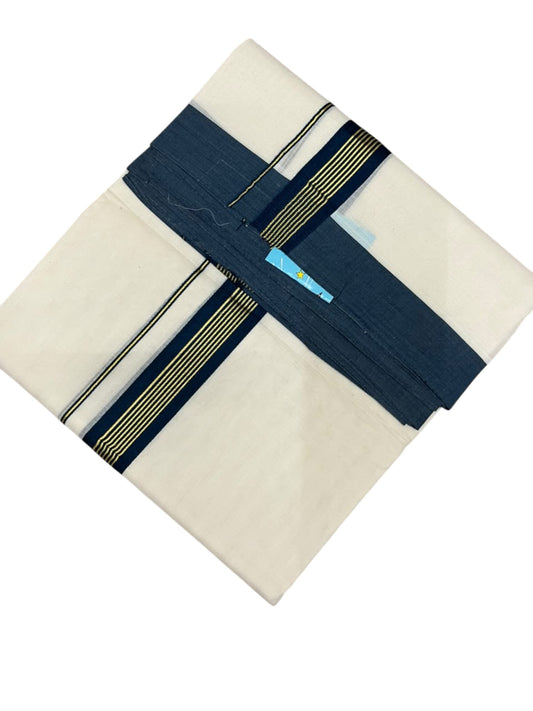 Southloom Pure Cotton Mundu with Golden Lines and Peacock Blue Border (South Indian Kerala Dhoti)