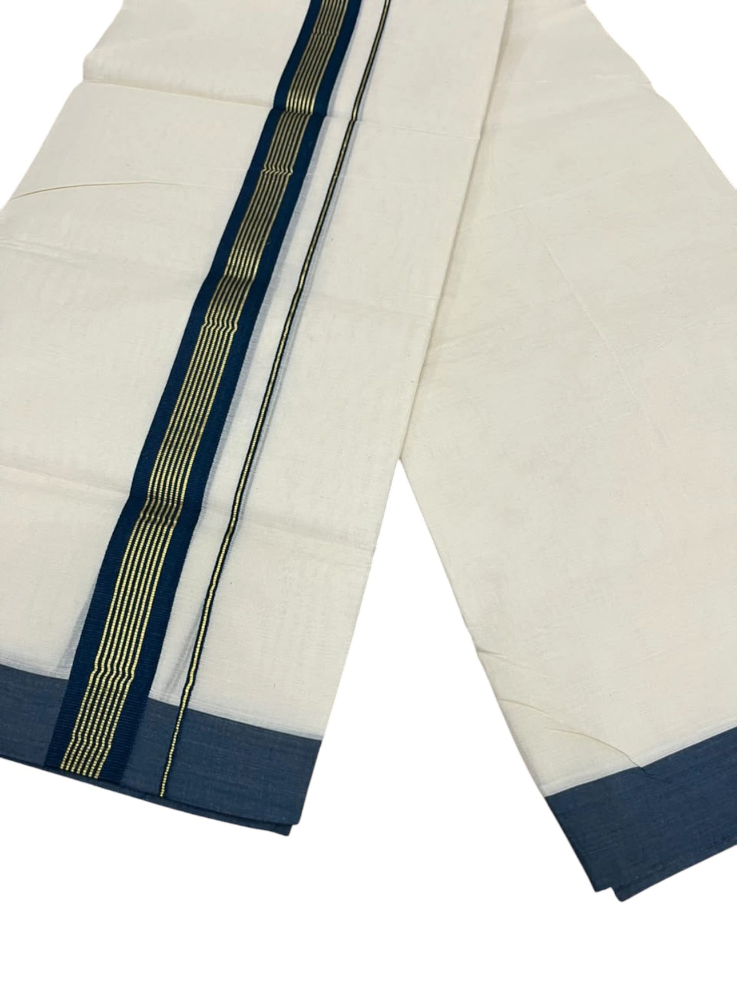 Southloom Pure Cotton Mundu with Golden Lines and Peacock Blue Border (South Indian Kerala Dhoti)