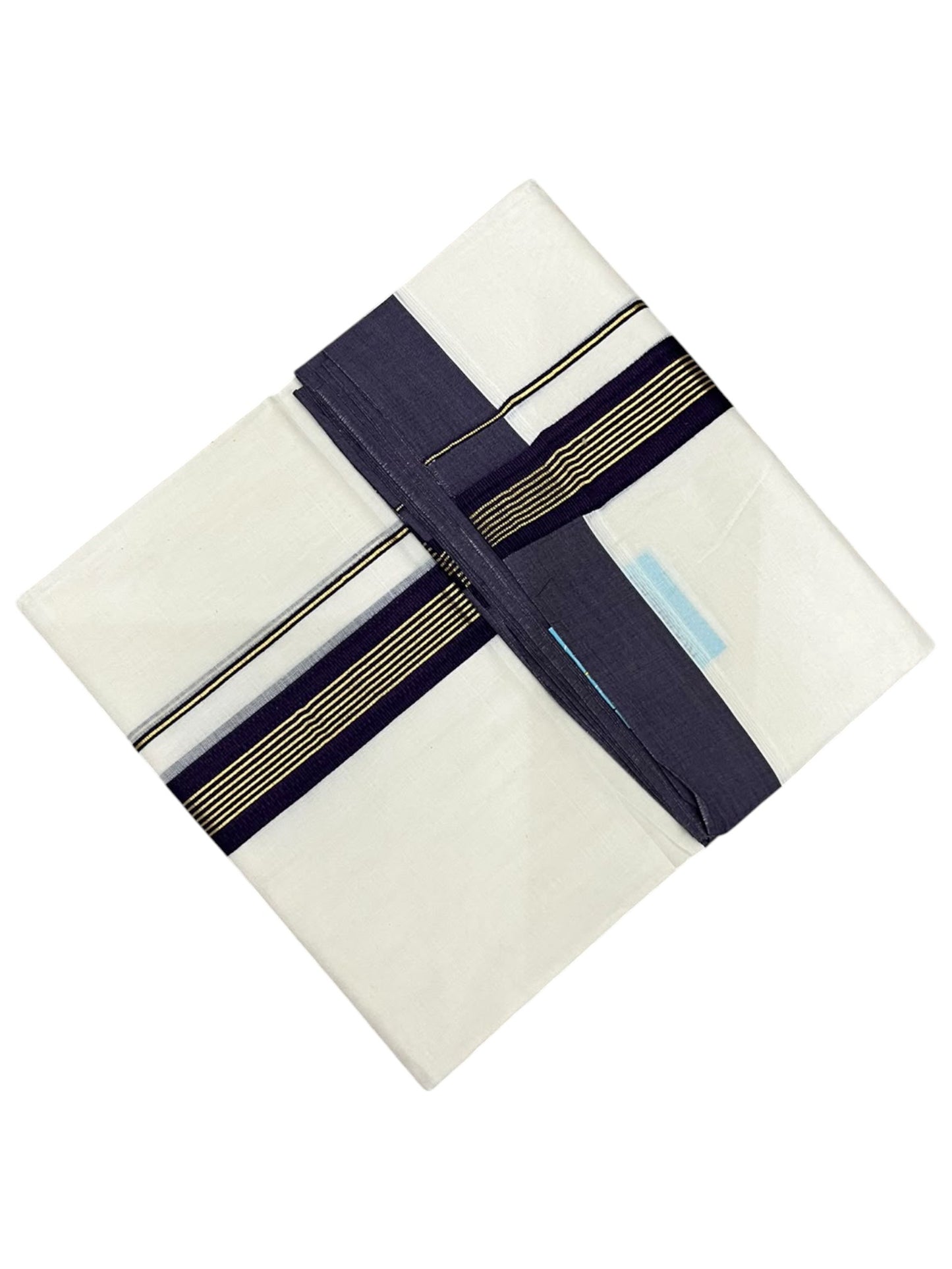 Southloom Pure Cotton Mundu with Golden Lines and Purple Border (South Indian Kerala Dhoti)
