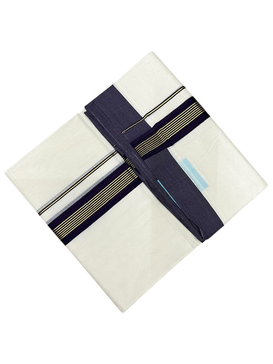 Southloom Pure Cotton Mundu with Golden Lines and Purple Border (South Indian Kerala Dhoti)