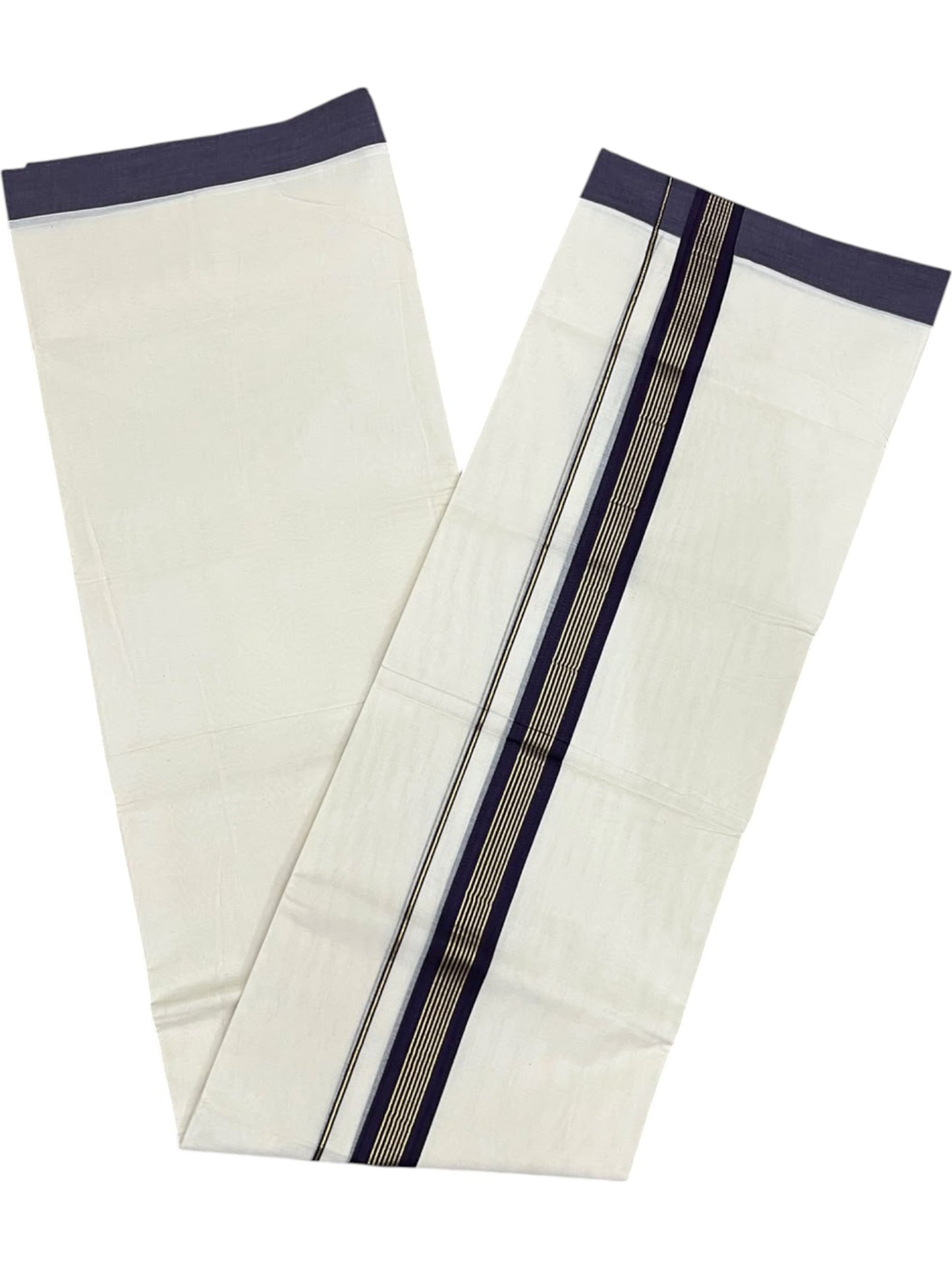 Southloom Pure Cotton Mundu with Golden Lines and Purple Border (South Indian Kerala Dhoti)