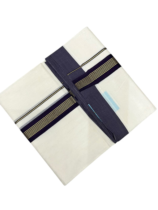 Southloom Pure Cotton Mundu with Golden Lines and Purple Border (South Indian Kerala Dhoti)