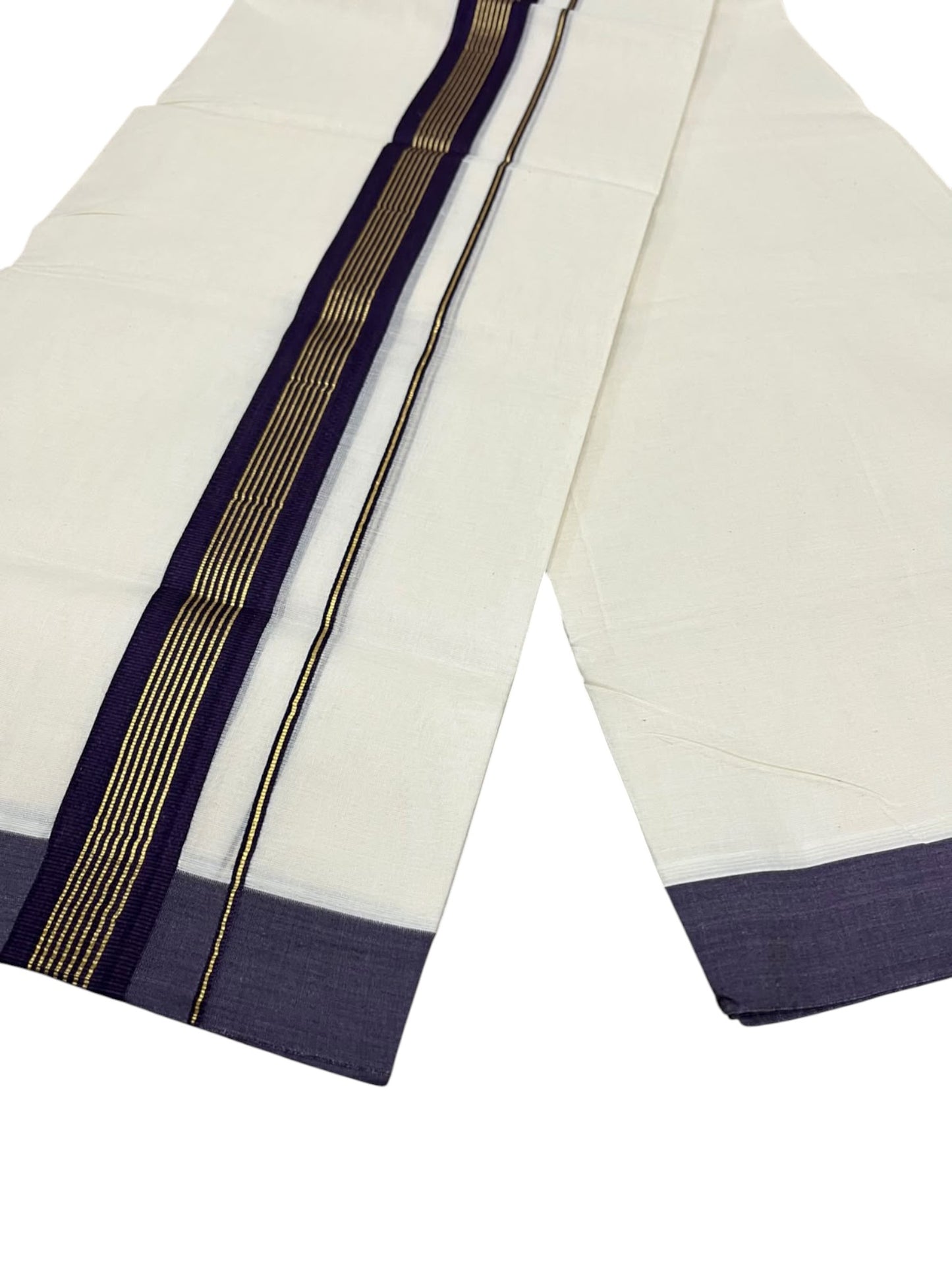 Southloom Pure Cotton Mundu with Golden Lines and Purple Border (South Indian Kerala Dhoti)
