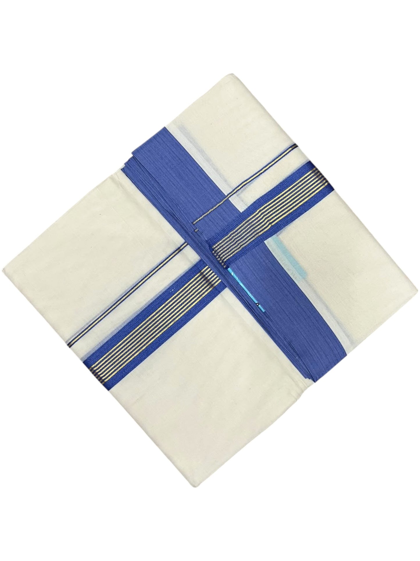Southloom Pure Cotton Mundu with Golden Lines and Blue Border (South Indian Kerala Dhoti)