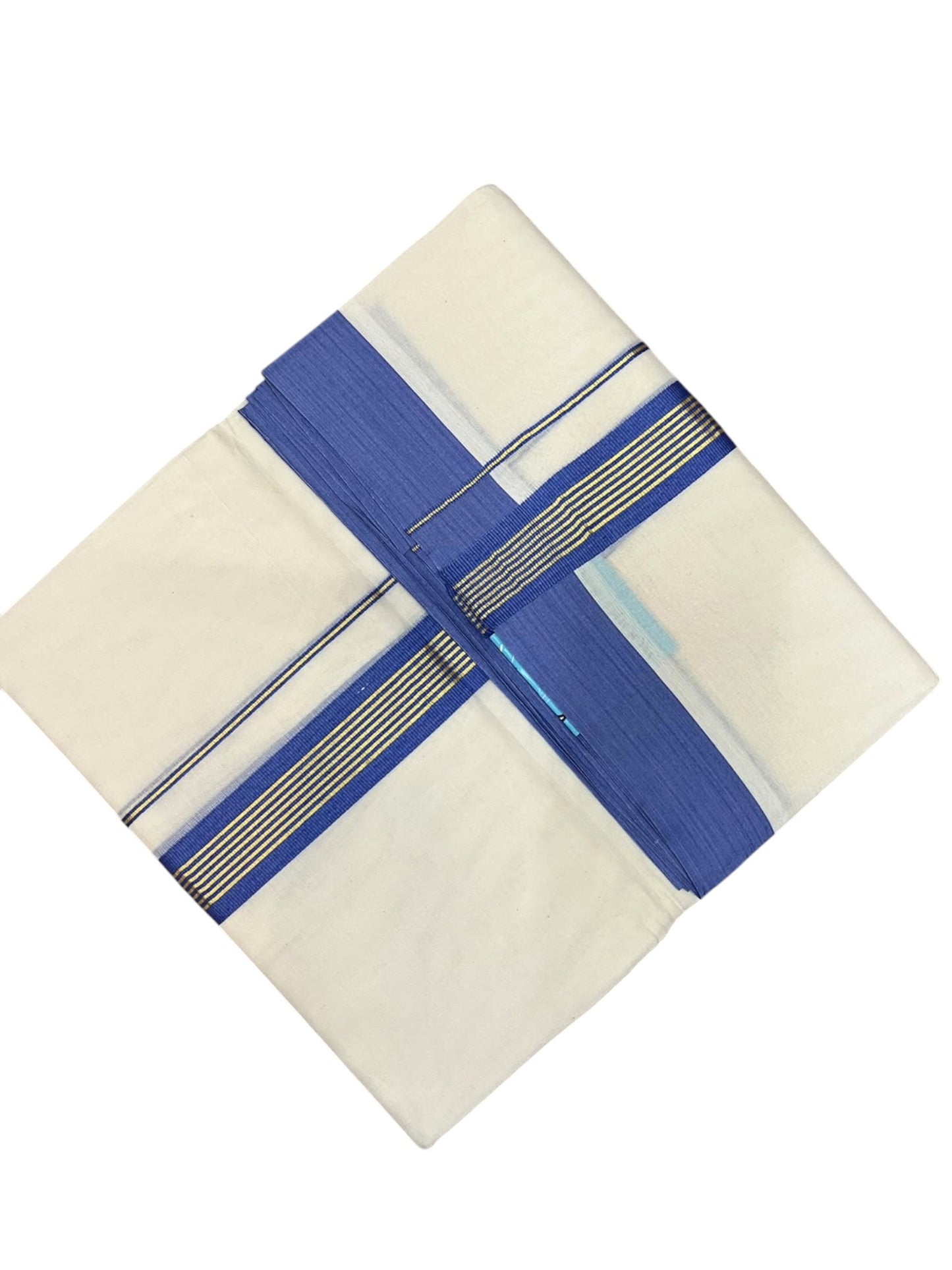 Southloom Pure Cotton Mundu with Golden Lines and Blue Border (South Indian Kerala Dhoti)