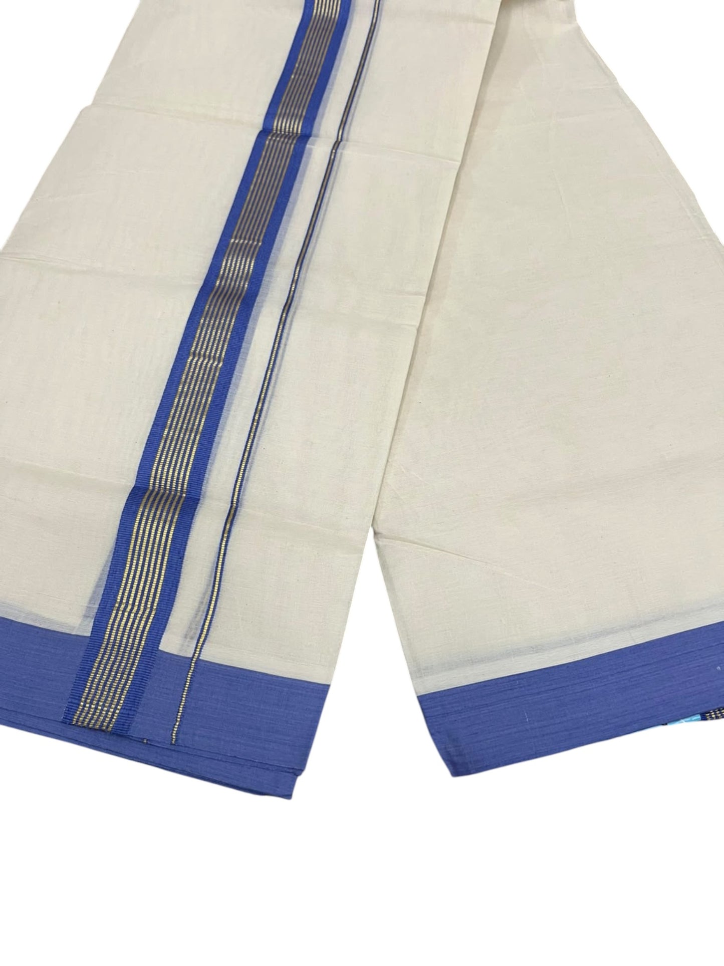 Southloom Pure Cotton Mundu with Golden Lines and Blue Border (South Indian Kerala Dhoti)