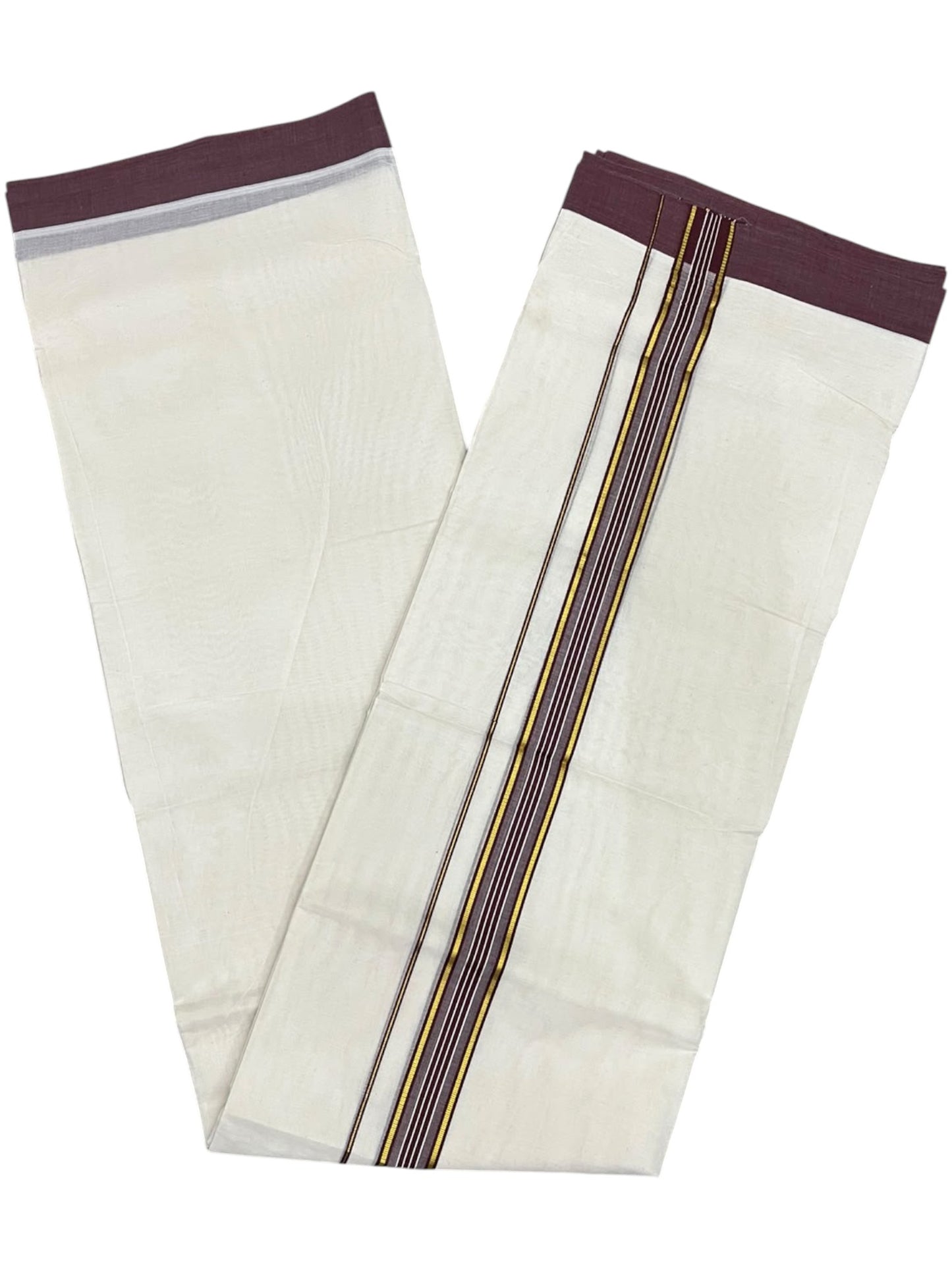 Southloom Pure Cotton Mundu with Golden Lines and Maroon Border (South Indian Kerala Dhoti)