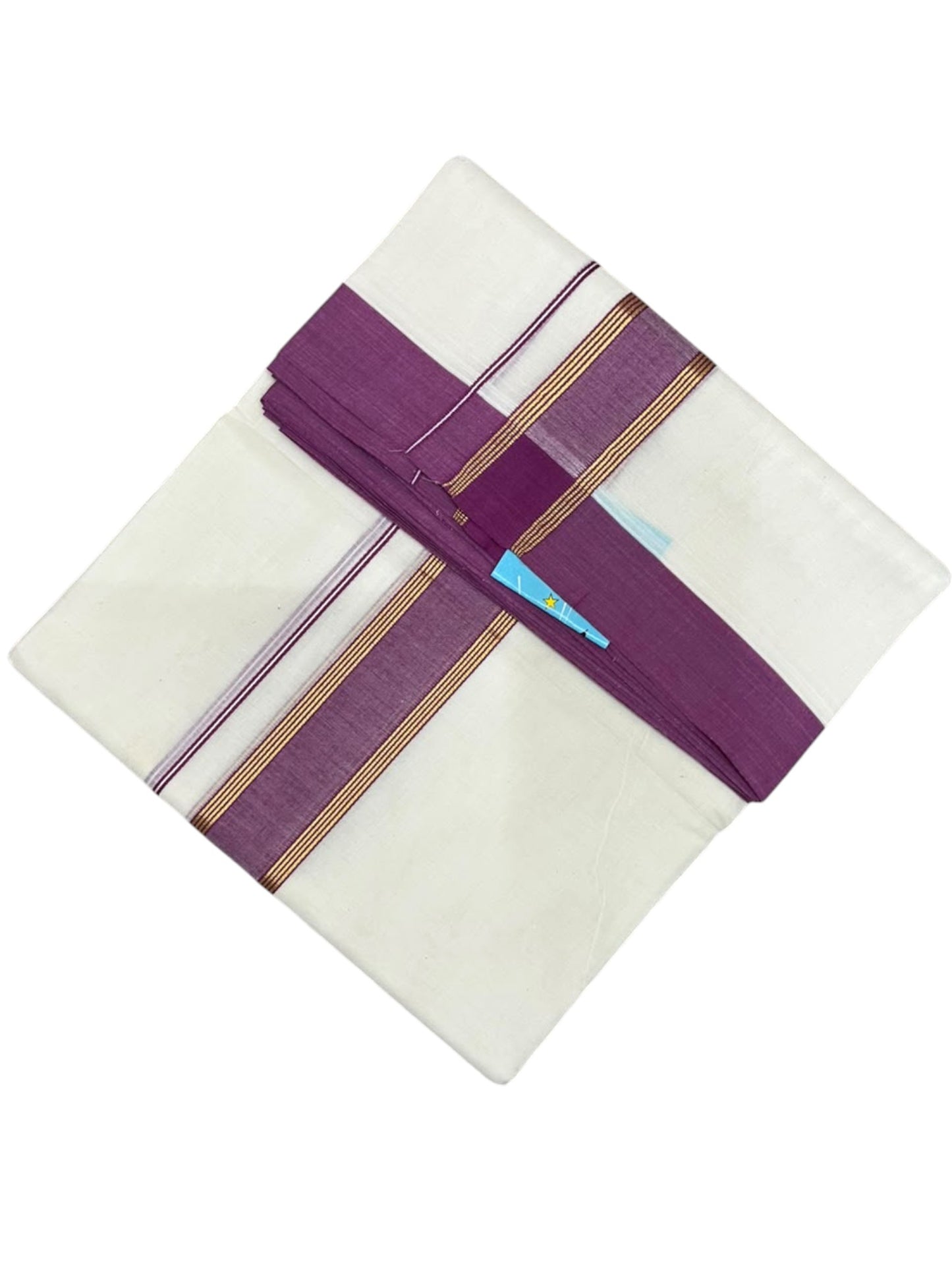 Southloom Pure Cotton Mundu with Golden Lines and Magenta Border (South Indian Kerala Dhoti)