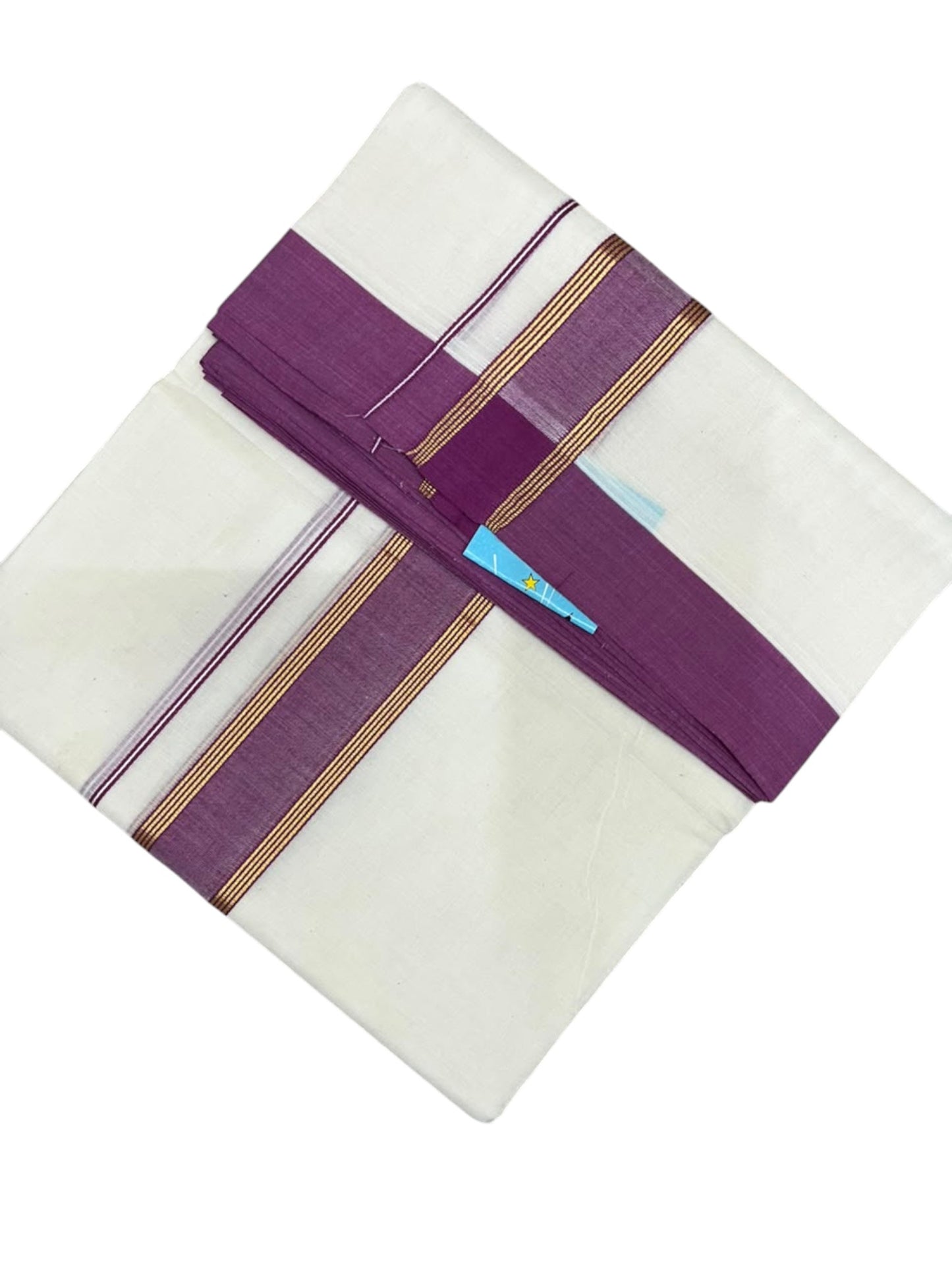 Southloom Pure Cotton Mundu with Golden Lines and Magenta Border (South Indian Kerala Dhoti)