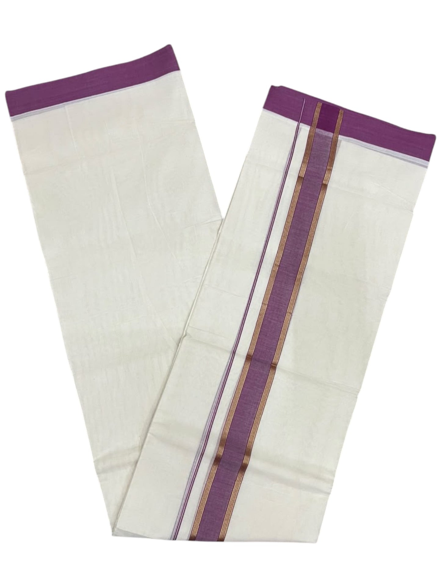 Southloom Pure Cotton Mundu with Golden Lines and Magenta Border (South Indian Kerala Dhoti)