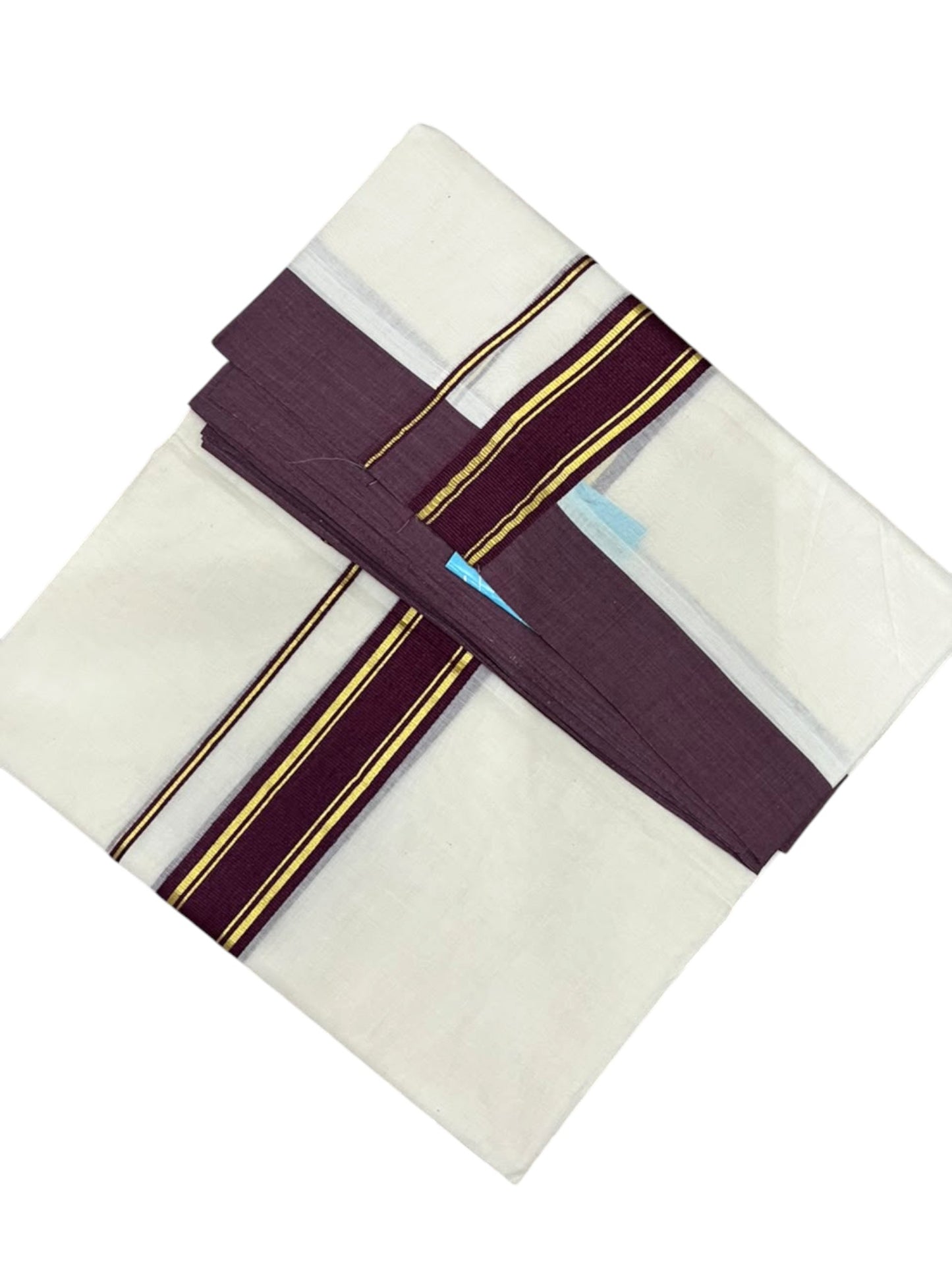 Southloom Pure Cotton Mundu with Golden Lines and Purple Border (South Indian Kerala Dhoti)