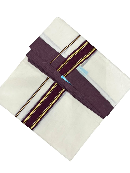 Southloom Pure Cotton Mundu with Golden Lines and Purple Border (South Indian Kerala Dhoti)