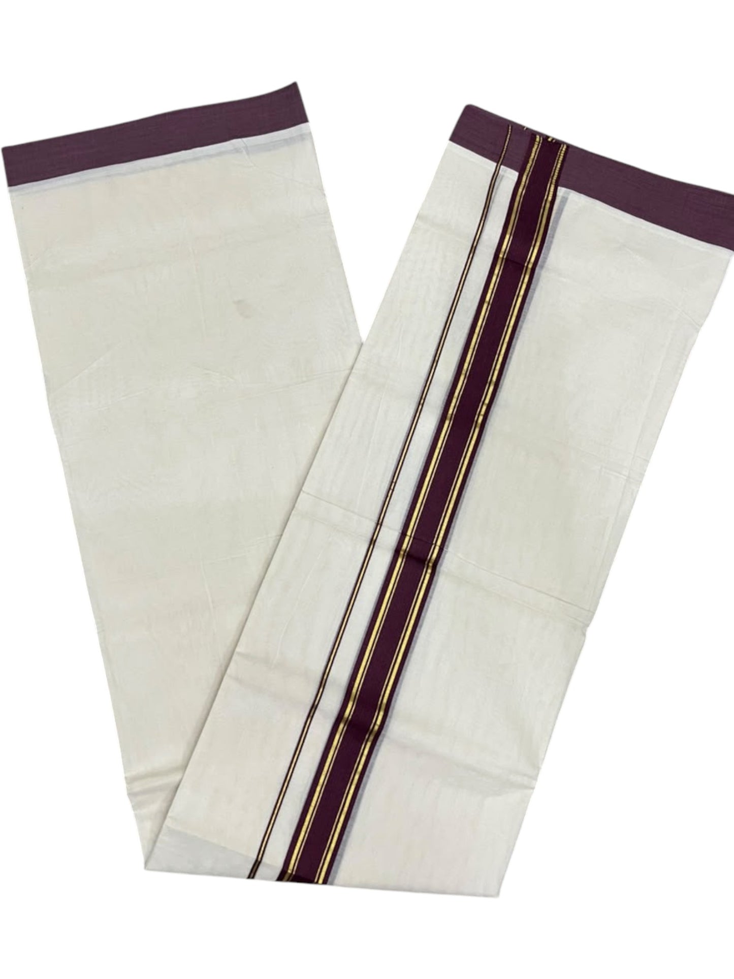 Southloom Pure Cotton Mundu with Golden Lines and Purple Border (South Indian Kerala Dhoti)