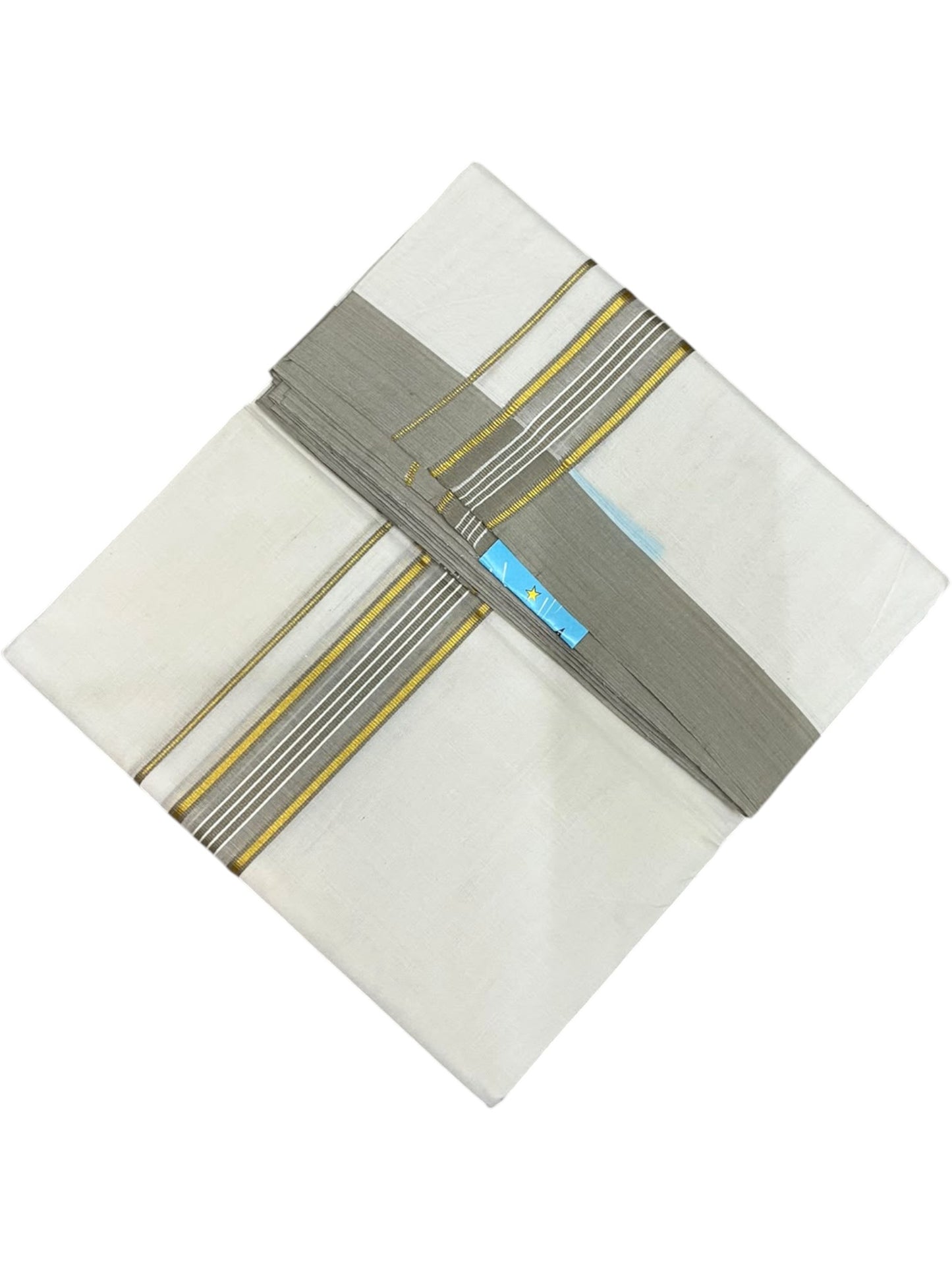 Southloom Pure Cotton Mundu with Golden Lines and olive Green Border (South Indian Kerala Dhoti)