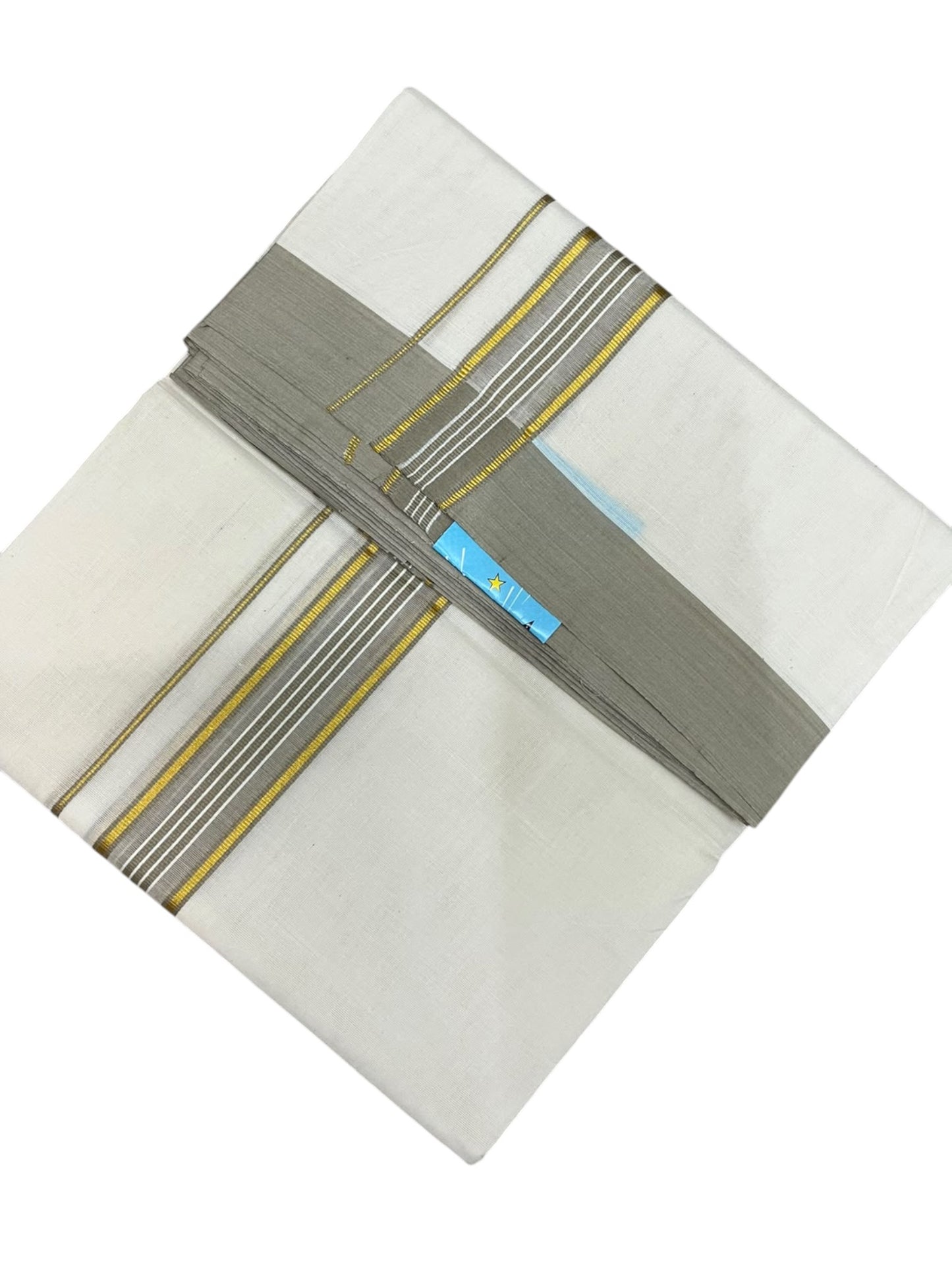 Southloom Pure Cotton Mundu with Golden Lines and olive Green Border (South Indian Kerala Dhoti)