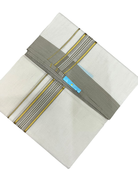Southloom Pure Cotton Mundu with Golden Lines and olive Green Border (South Indian Kerala Dhoti)