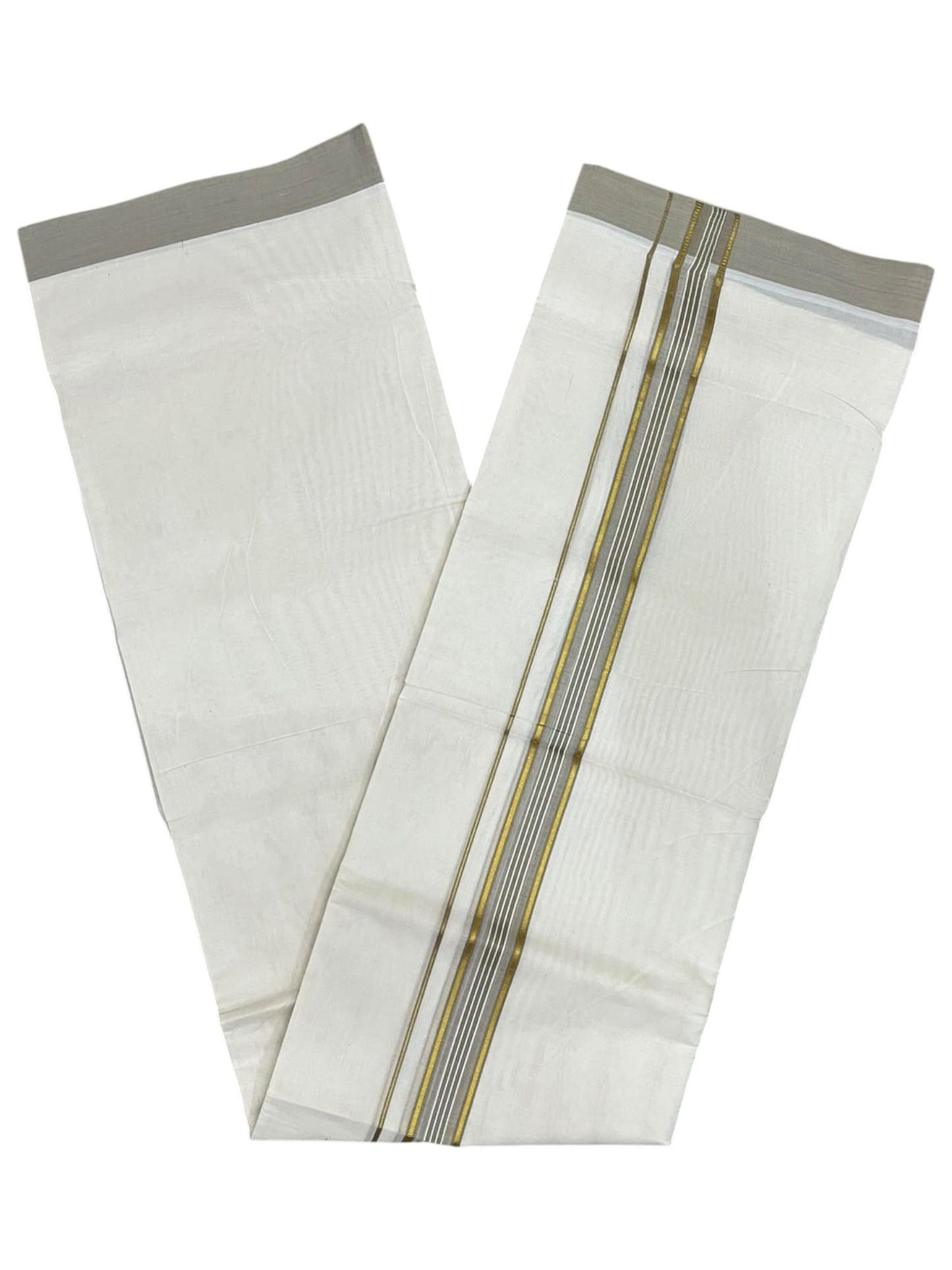 Southloom Pure Cotton Mundu with Golden Lines and olive Green Border (South Indian Kerala Dhoti)