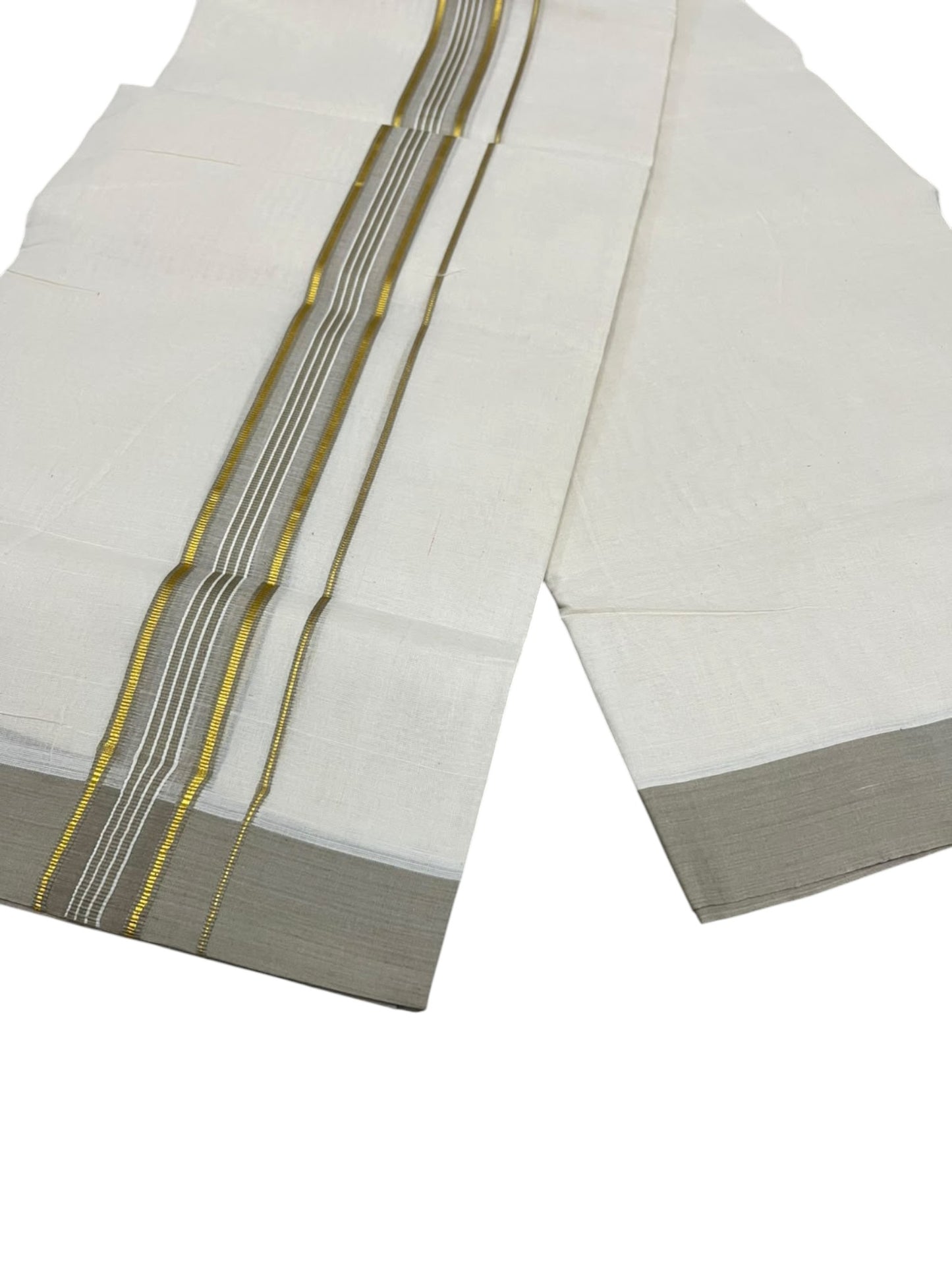 Southloom Pure Cotton Mundu with Golden Lines and olive Green Border (South Indian Kerala Dhoti)