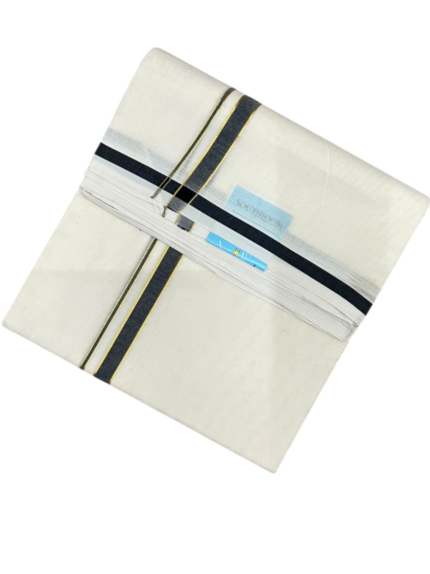 Southloom Pure Cotton Mundu with Golden Lines and Black Border (South Indian Kerala Dhoti)