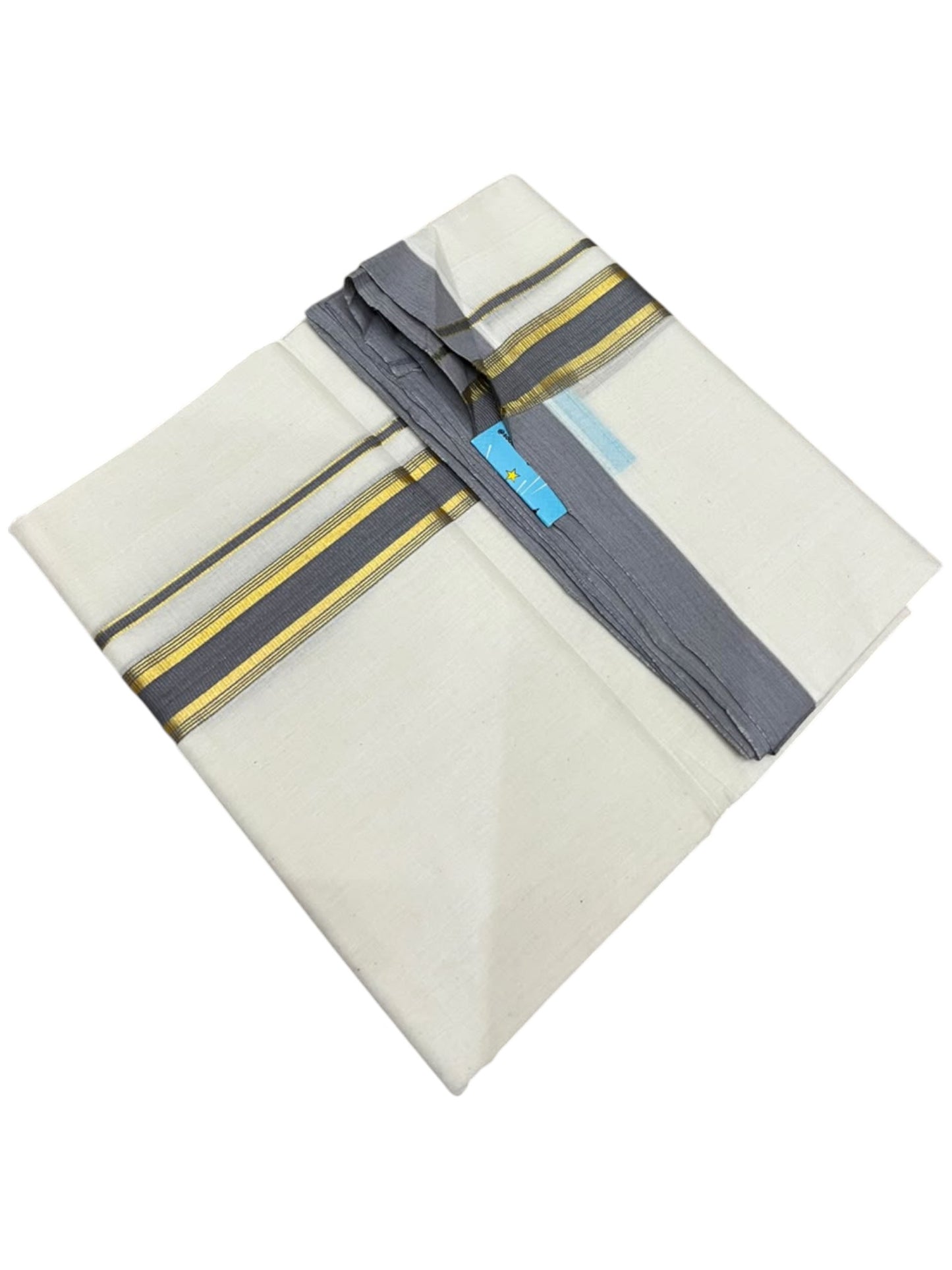 Southloom Balaramapuram Unakkupaavu Premium Handloom Cotton Double Mundu with Gold Kasavu and Grey Border