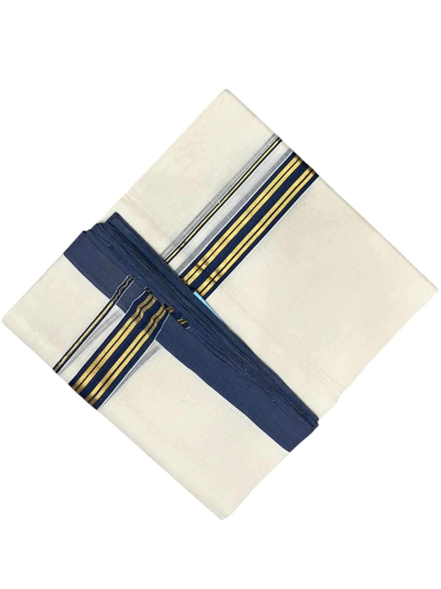 Southloom Balaramapuram Unakkupaavu Premium Handloom Cotton Double Mundu with Gold Kasavu and Blue Border