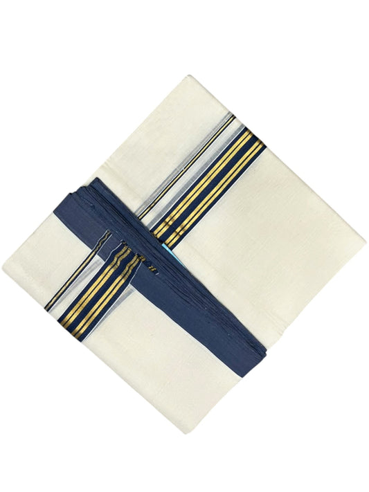 Southloom Balaramapuram Unakkupaavu Premium Handloom Cotton Double Mundu with Gold Kasavu and Blue Border