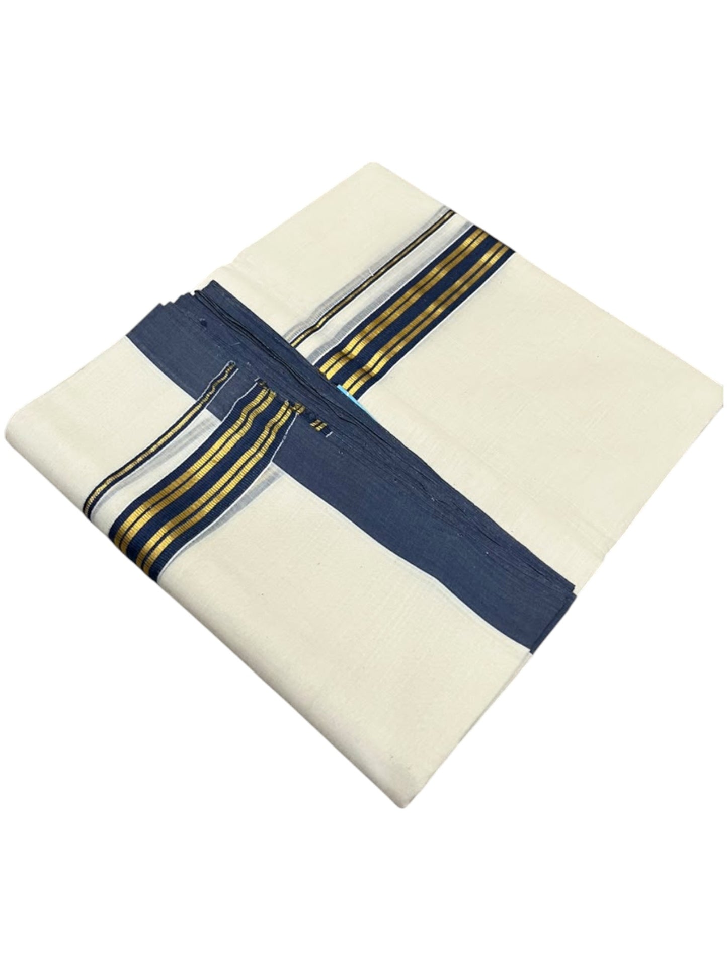 Southloom Balaramapuram Unakkupaavu Premium Handloom Cotton Double Mundu with Gold Kasavu and Blue Border