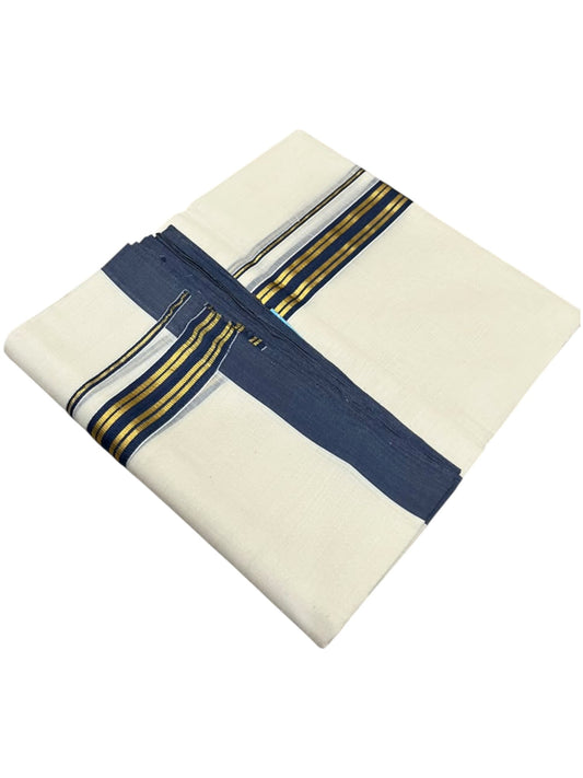 Southloom Balaramapuram Unakkupaavu Premium Handloom Cotton Double Mundu with Gold Kasavu and Blue Border