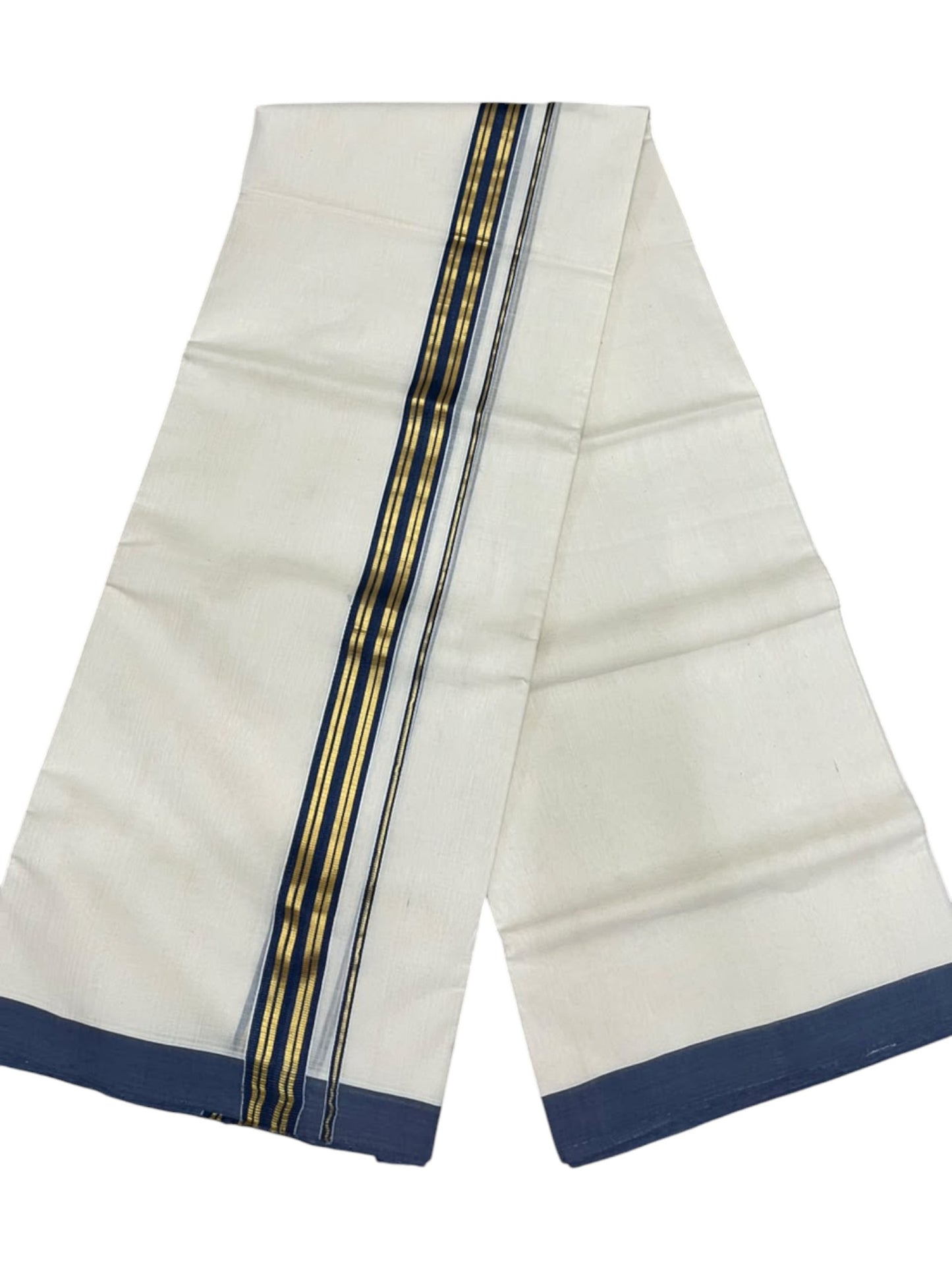 Southloom Balaramapuram Unakkupaavu Premium Handloom Cotton Double Mundu with Gold Kasavu and Blue Border