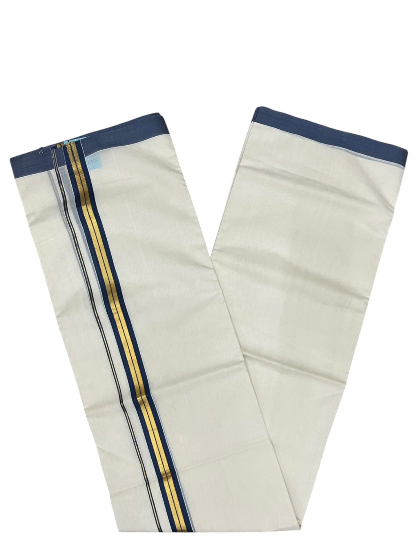 Southloom Balaramapuram Unakkupaavu Premium Handloom Cotton Double Mundu with Gold Kasavu and Blue Border
