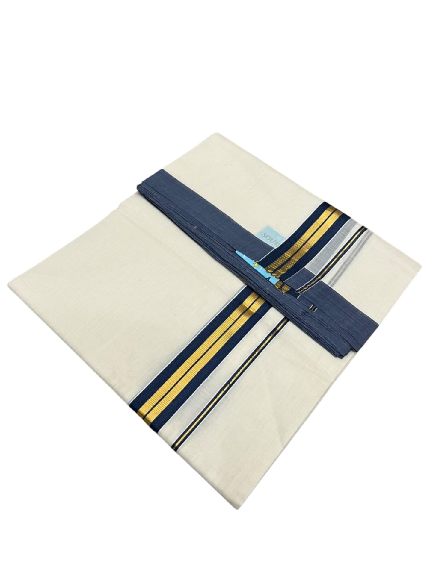 Southloom Balaramapuram Unakkupaavu Premium Handloom Cotton Double Mundu with Gold Kasavu and Blue Border
