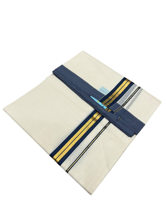Southloom Balaramapuram Unakkupaavu Premium Handloom Cotton Double Mundu with Gold Kasavu and Blue Border