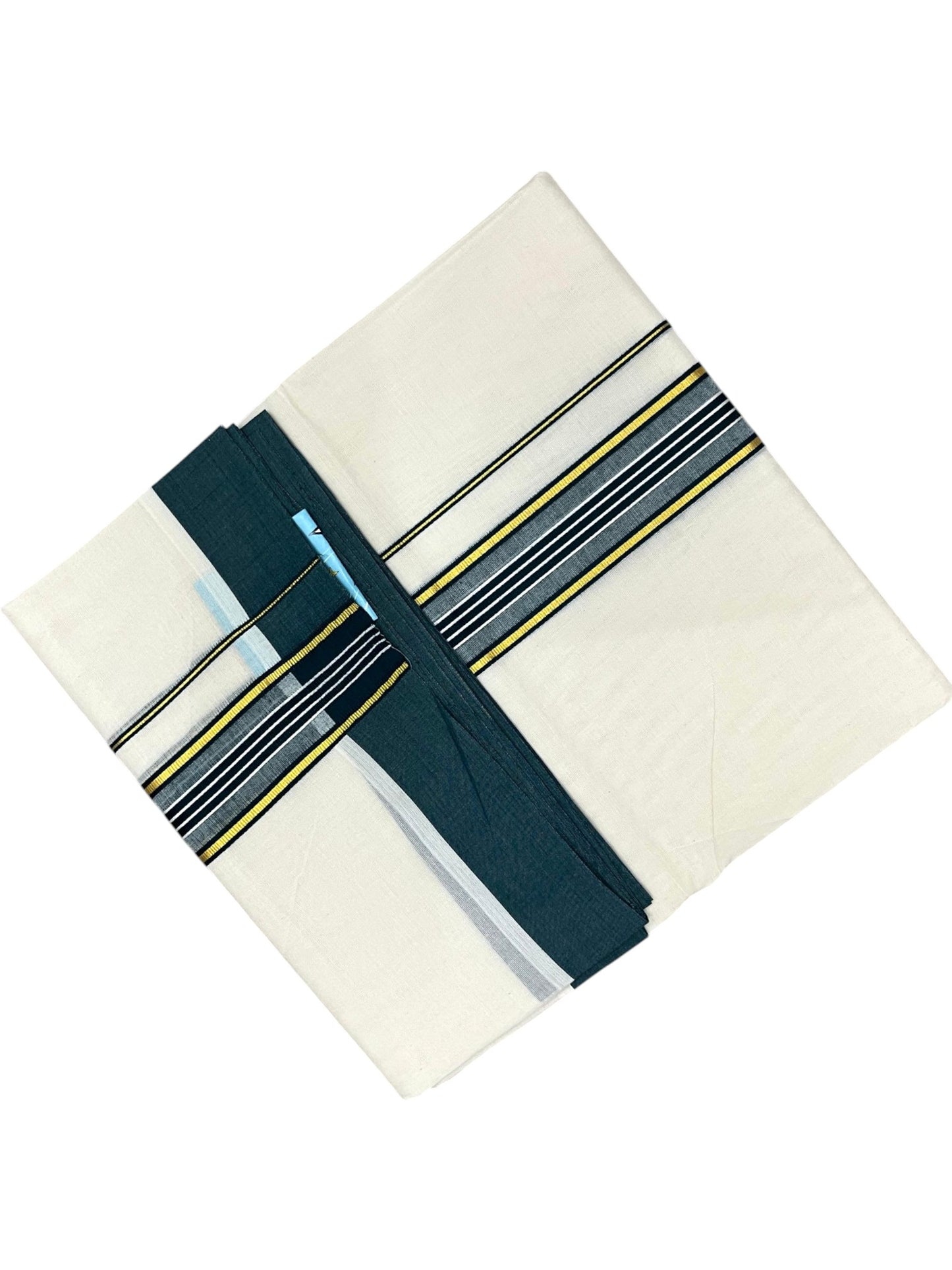 Southloom Pure Cotton Mundu with Golden Lines and Peacock Green Border (South Indian Kerala Dhoti)