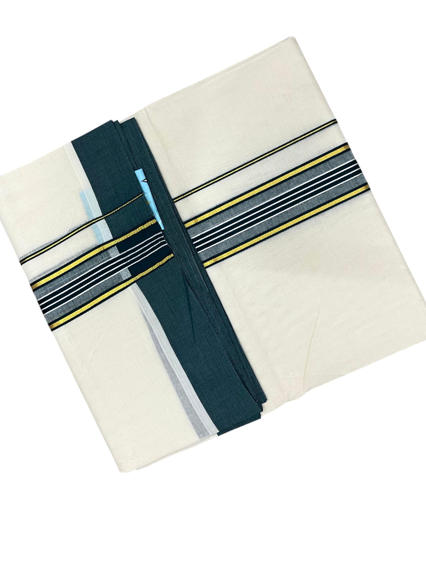 Southloom Pure Cotton Mundu with Golden Lines and Peacock Green Border (South Indian Kerala Dhoti)