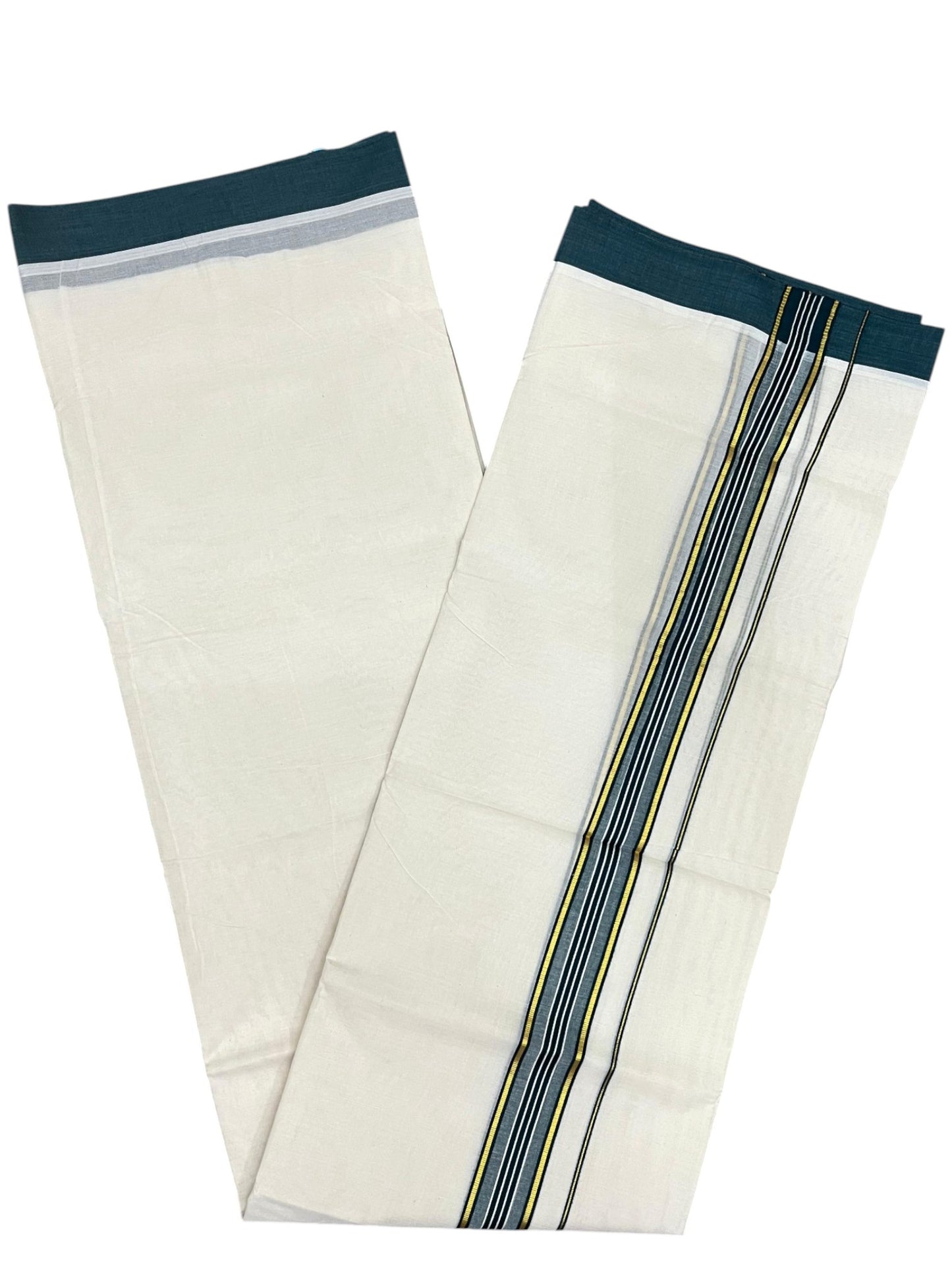 Southloom Pure Cotton Mundu with Golden Lines and Peacock Green Border (South Indian Kerala Dhoti)