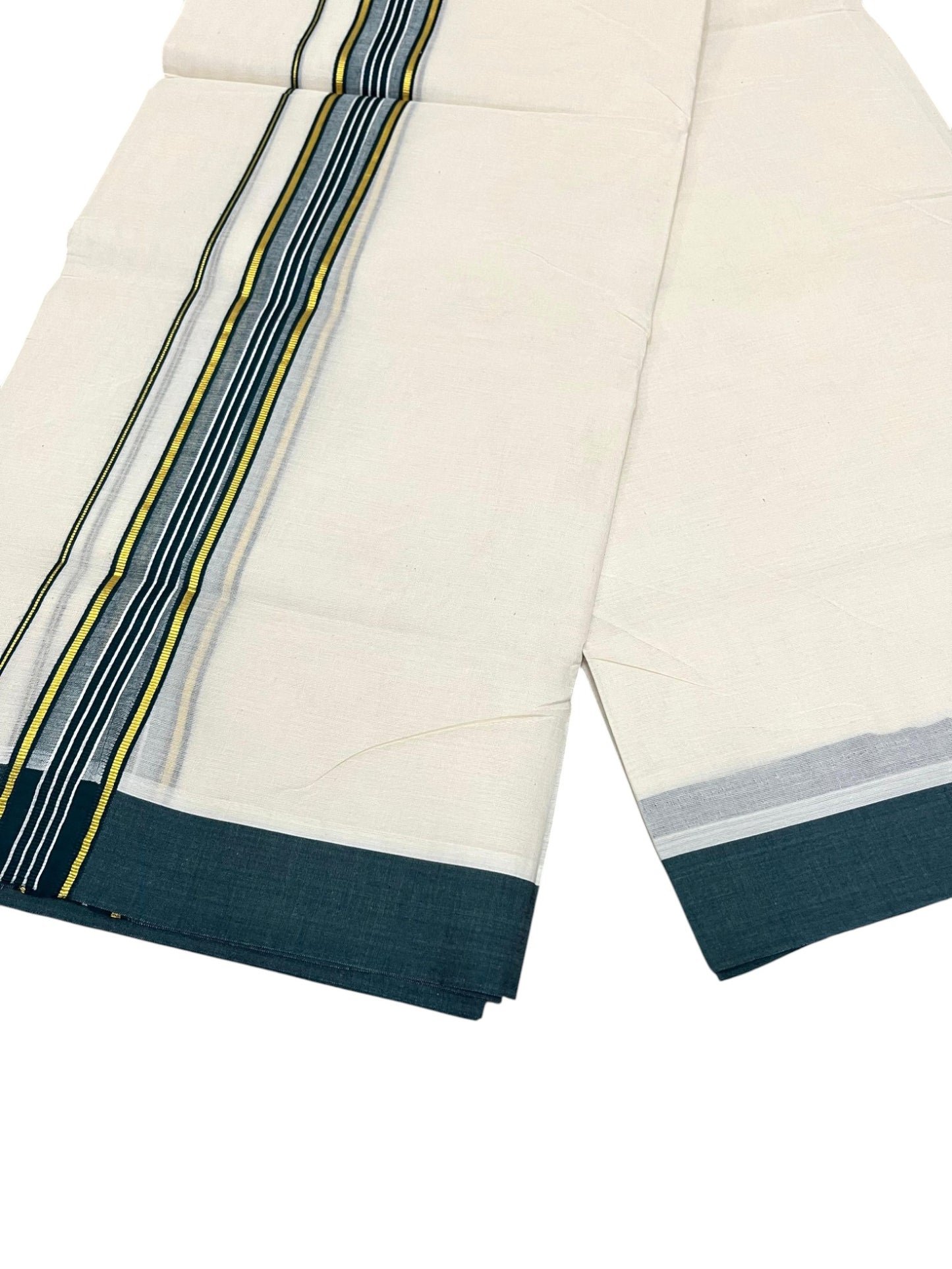 Southloom Pure Cotton Mundu with Golden Lines and Peacock Green Border (South Indian Kerala Dhoti)