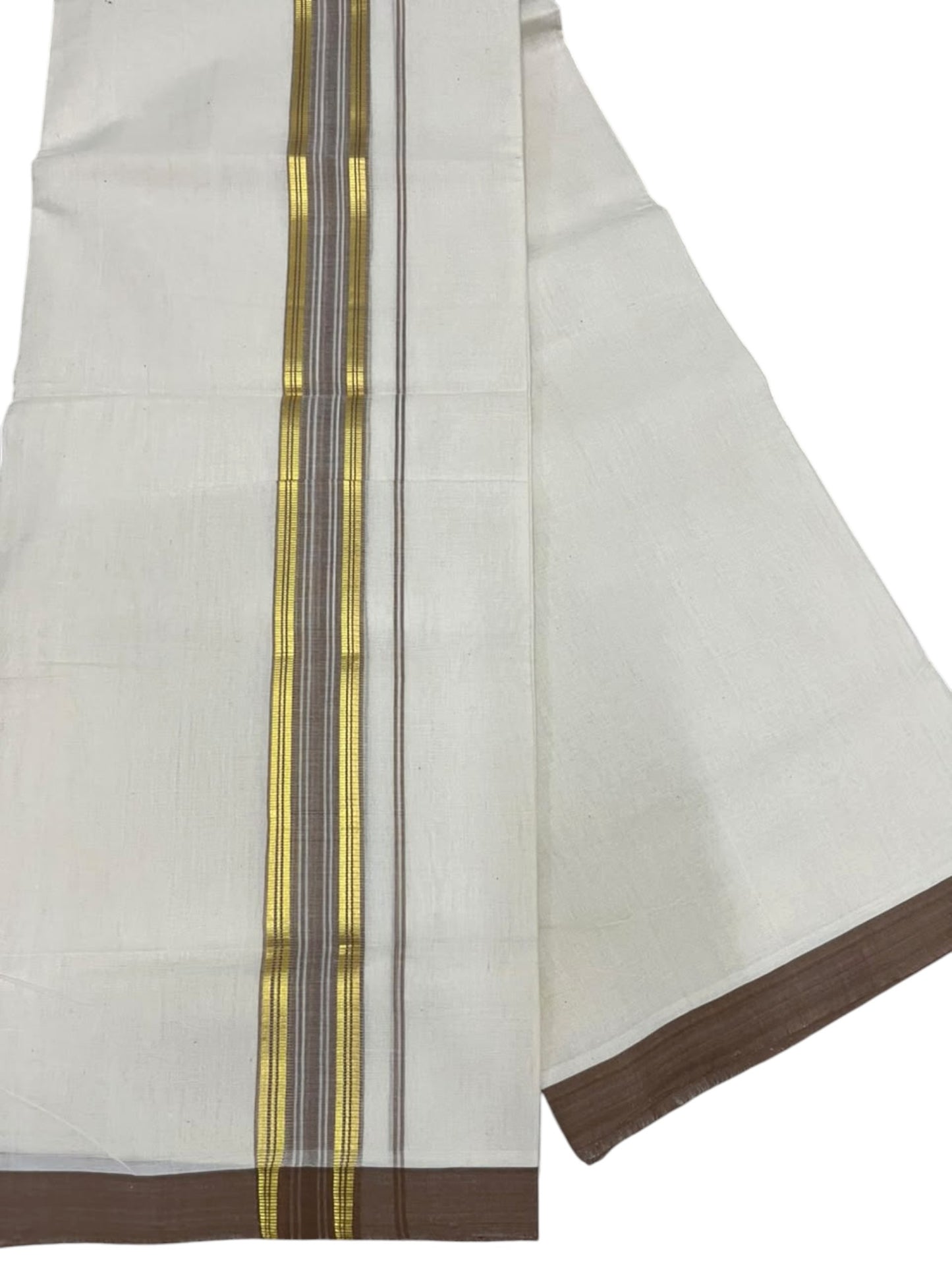 Southloom Balaramapuram Unakkupaavu Premium Handloom Cotton Double Mundu with Gold Kasavu and Brown Border