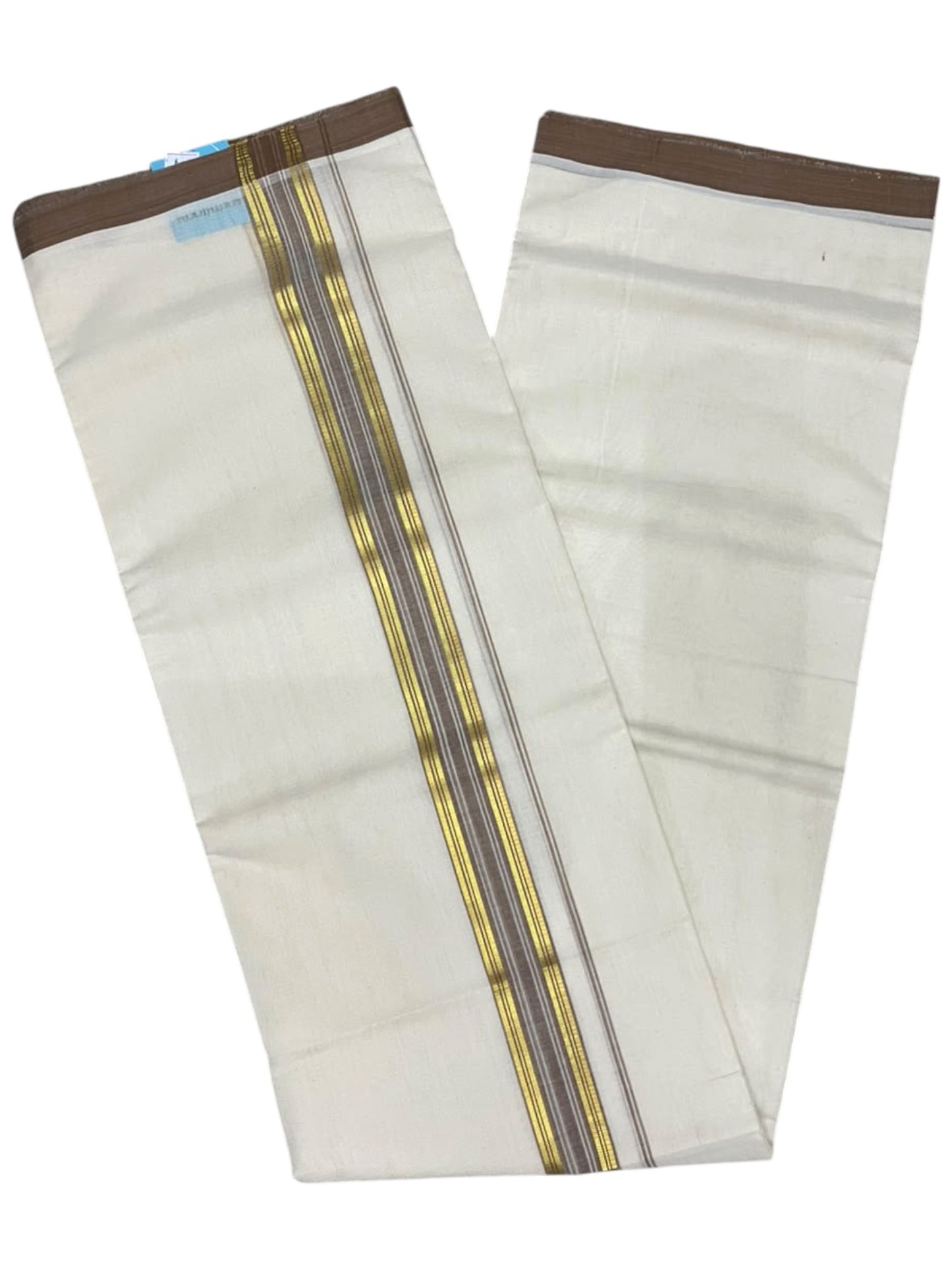 Southloom Balaramapuram Unakkupaavu Premium Handloom Cotton Double Mundu with Gold Kasavu and Brown Border