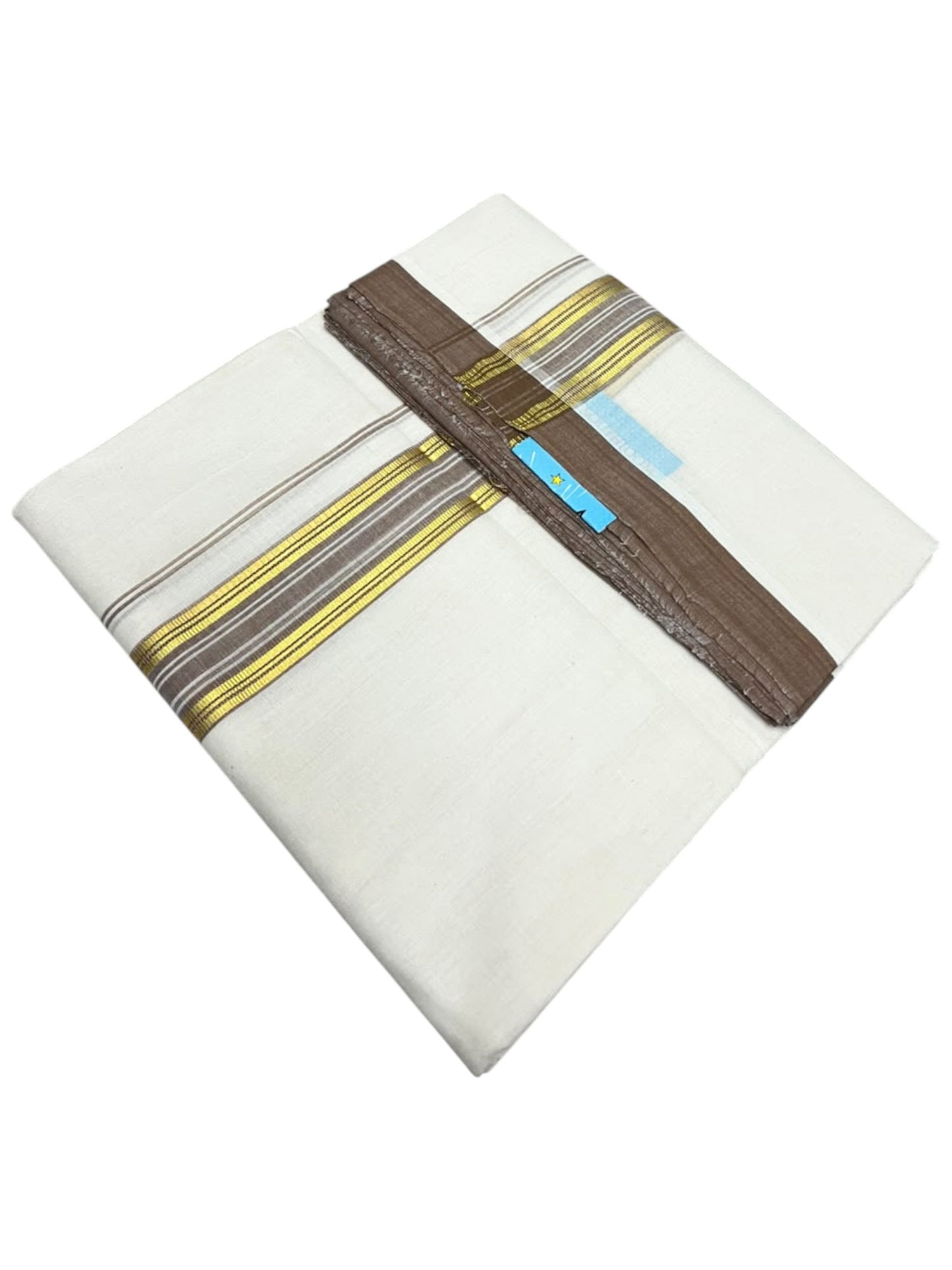 Southloom Balaramapuram Unakkupaavu Premium Handloom Cotton Double Mundu with Gold Kasavu and Brown Border