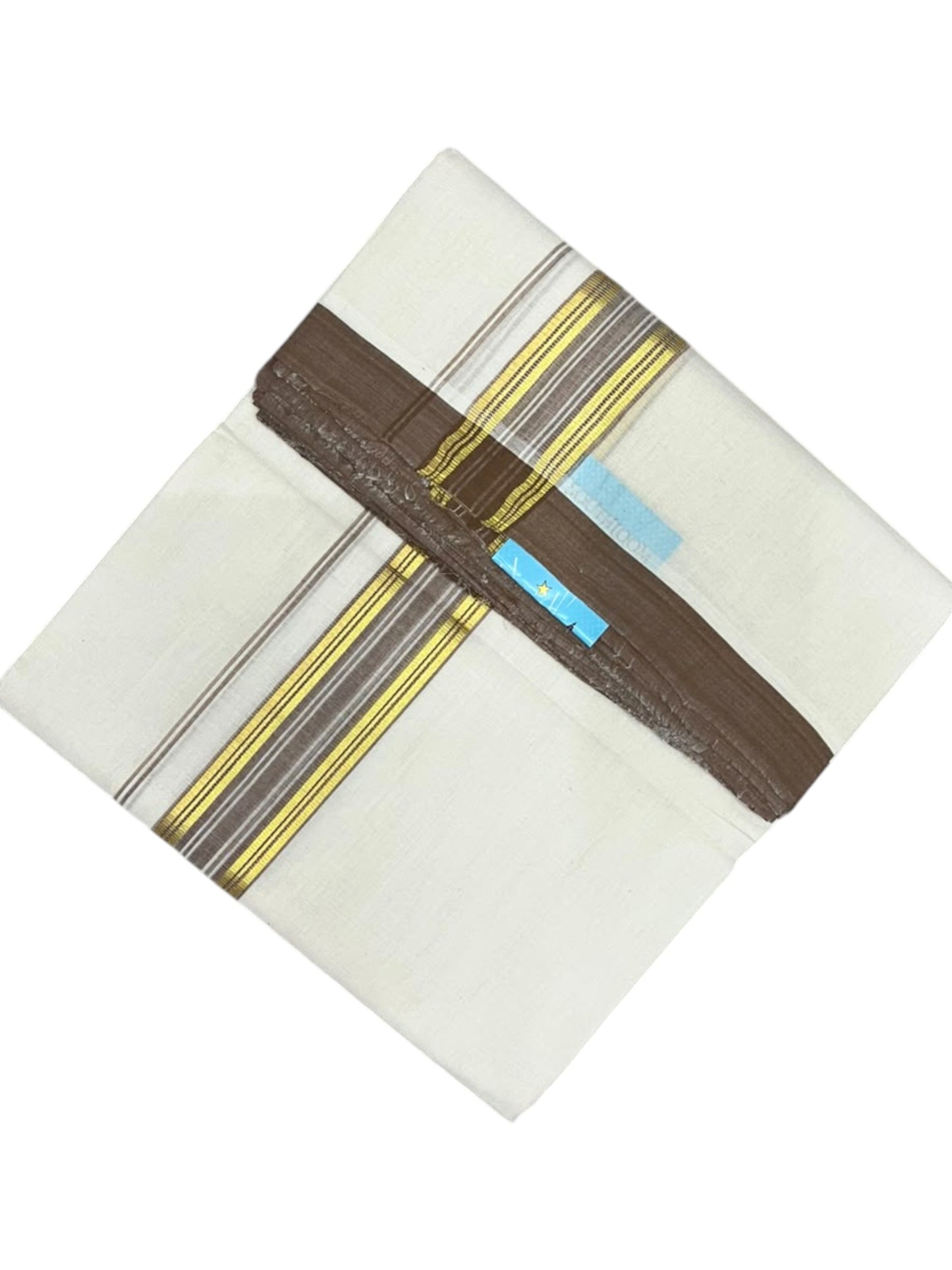 Southloom Balaramapuram Unakkupaavu Premium Handloom Cotton Double Mundu with Gold Kasavu and Brown Border