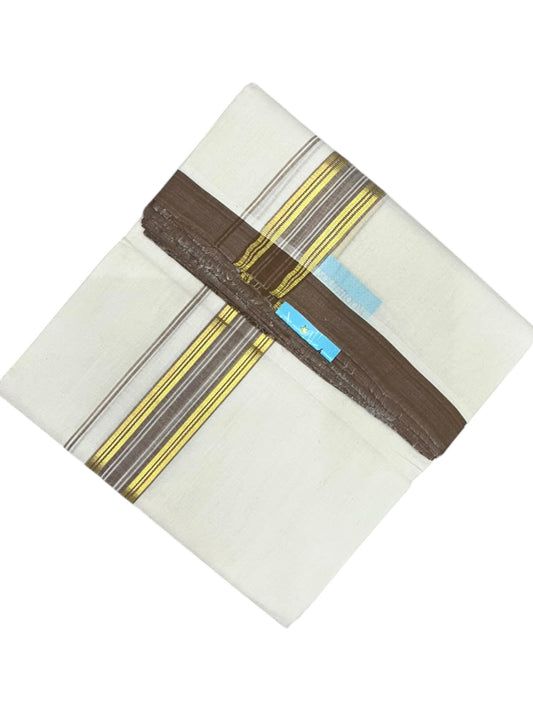 Southloom Balaramapuram Unakkupaavu Premium Handloom Cotton Double Mundu with Gold Kasavu and Brown Border