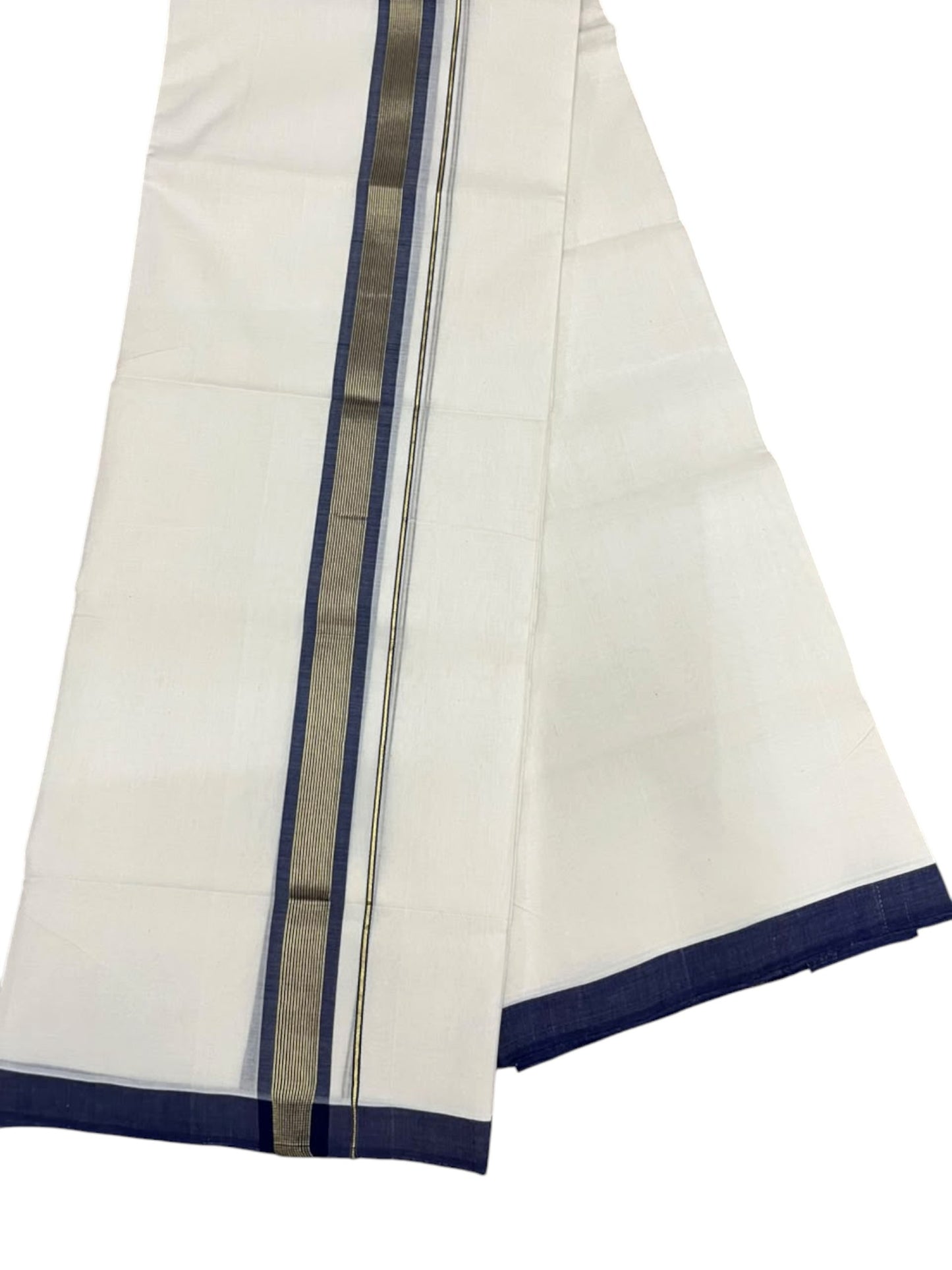 Southloom Balaramapuram Unakkupaavu Premium Handloom Cotton Double Mundu with Gold Kasavu and Blue Border