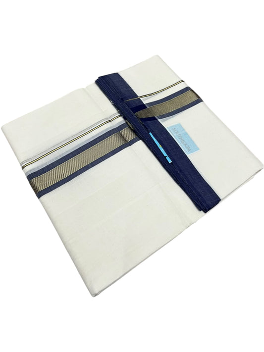 Southloom Balaramapuram Unakkupaavu Premium Handloom Cotton Double Mundu with Gold Kasavu and Blue Border