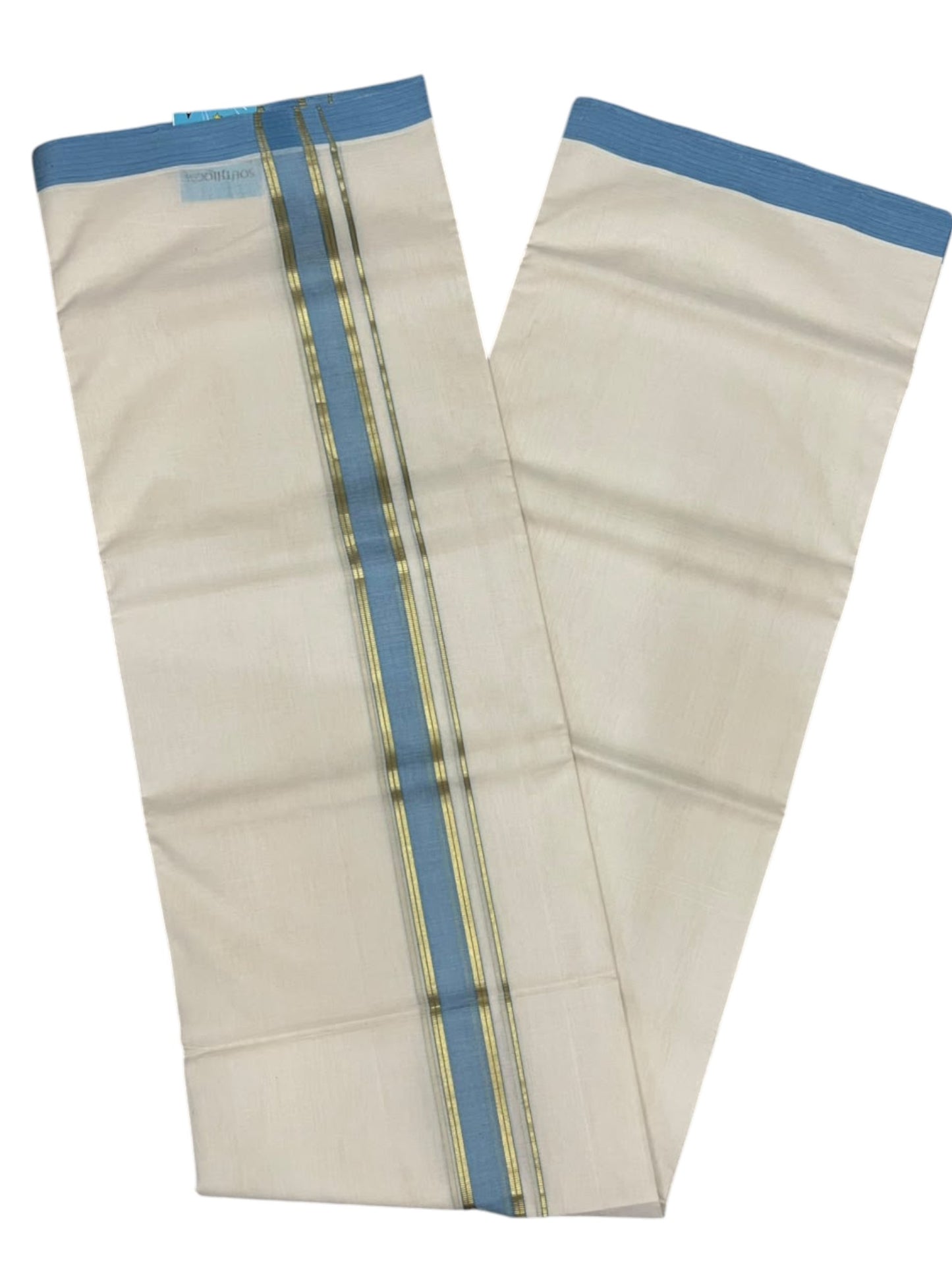 Southloom Balaramapuram Unakkupaavu Premium Handloom Cotton Double Mundu with Gold Kasavu and Blue Border