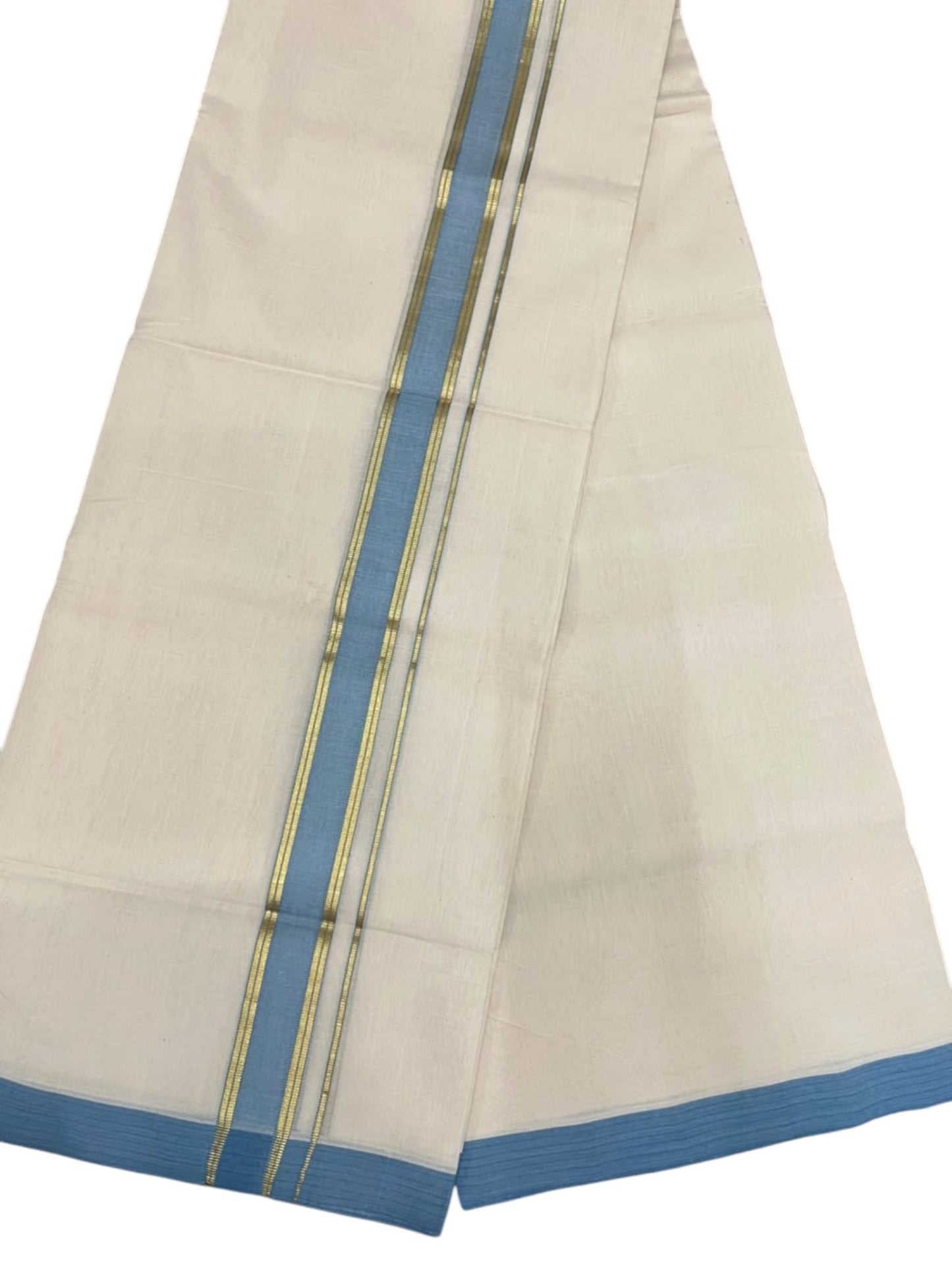 Southloom Balaramapuram Unakkupaavu Premium Handloom Cotton Double Mundu with Gold Kasavu and Blue Border