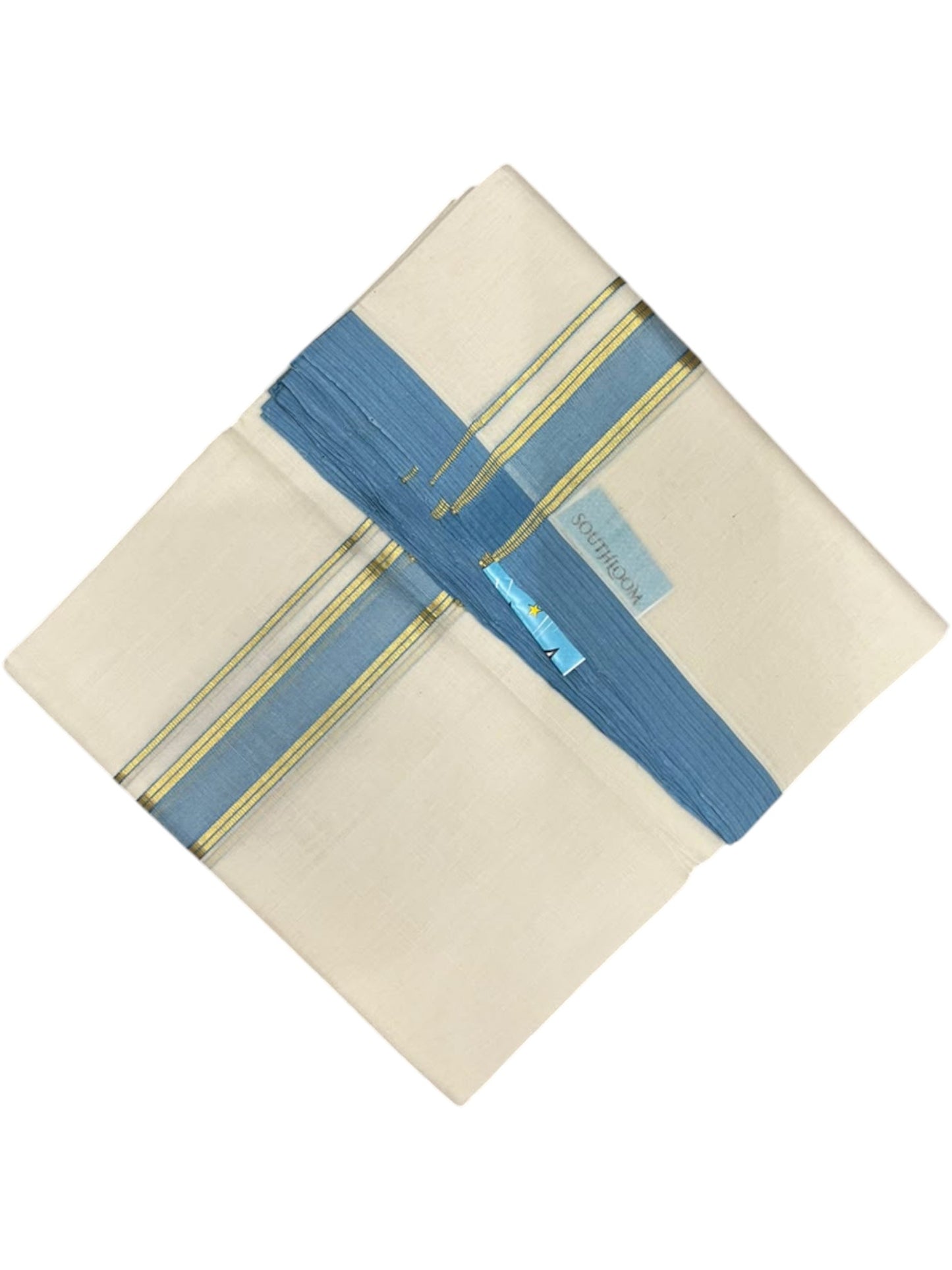 Southloom Balaramapuram Unakkupaavu Premium Handloom Cotton Double Mundu with Gold Kasavu and Blue Border