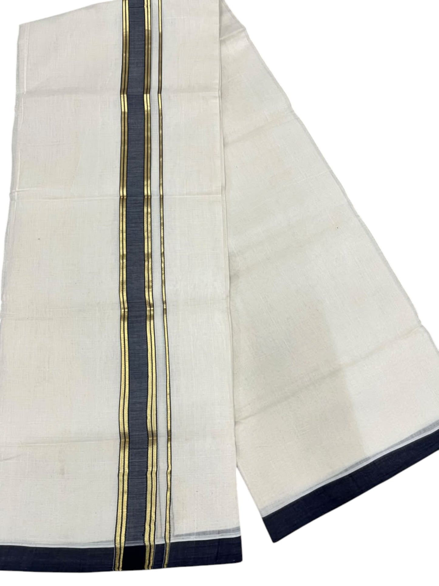 Southloom Balaramapuram Unakkupaavu Premium Handloom Cotton Double Mundu with Gold Kasavu and Blue Border