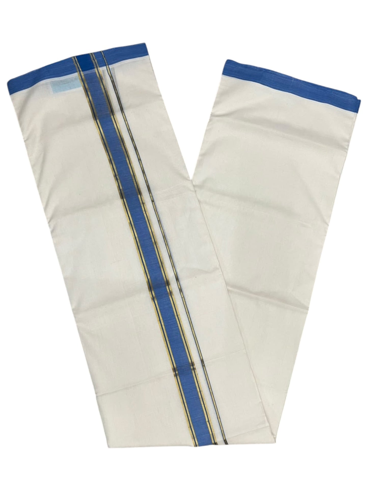 Southloom Balaramapuram Unakkupaavu Premium Handloom Cotton Double Mundu with Gold Kasavu and Blue Border