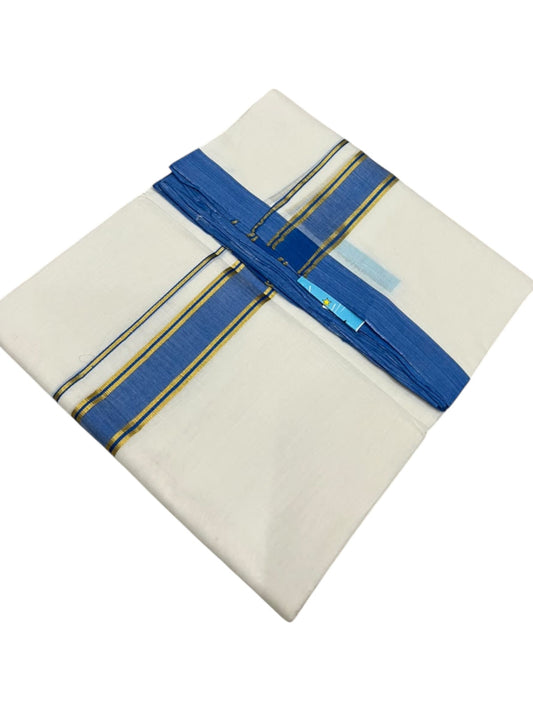 Southloom Balaramapuram Unakkupaavu Premium Handloom Cotton Double Mundu with Gold Kasavu and Blue Border